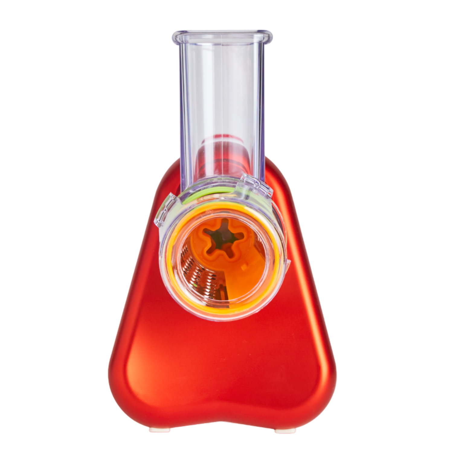 Red electric food processor with visible internal parts.