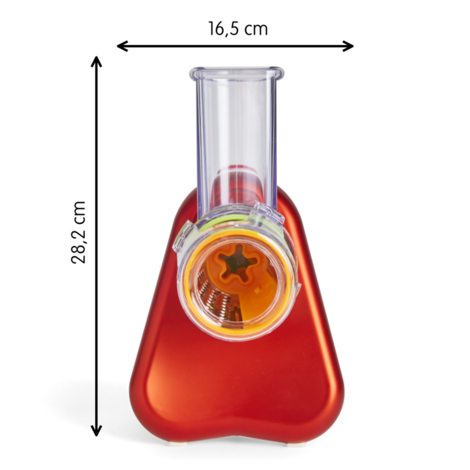Red kitchen appliance with a clear top. Dimensions shown: 28.2 cm high, 16.5 cm wide, white background.