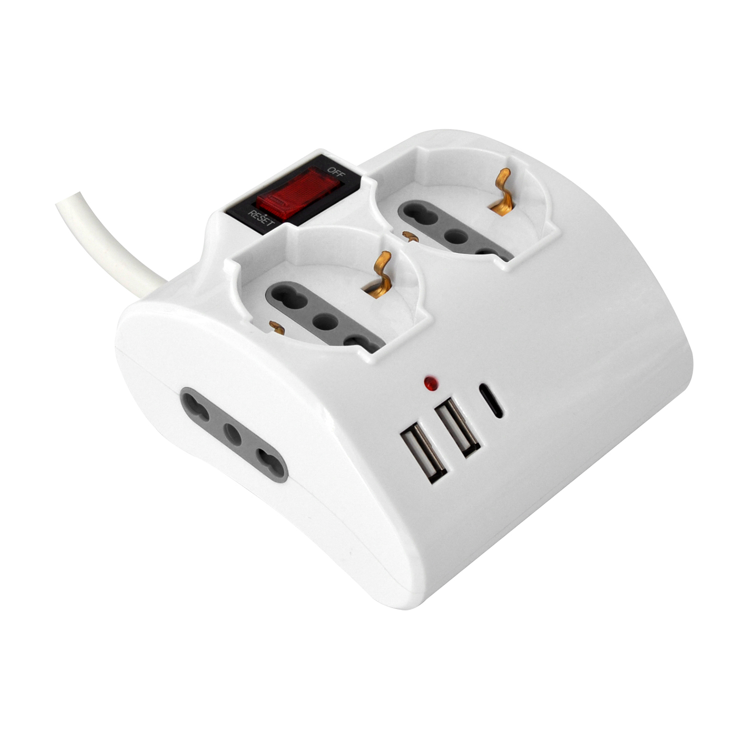 Una ciabatta bianca con due prese, un pulsante di reset, porte USB e una spia di alimentazione.