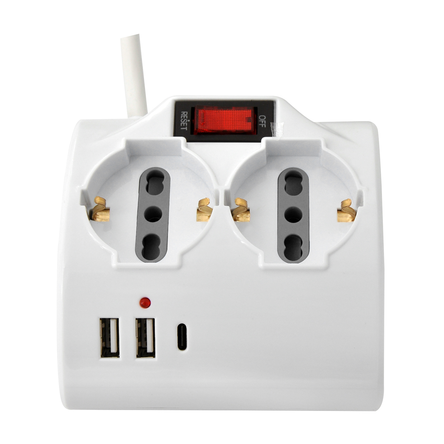 Una presa multipla bianca con due prese, due porte USB e un pulsante di accensione rosso.