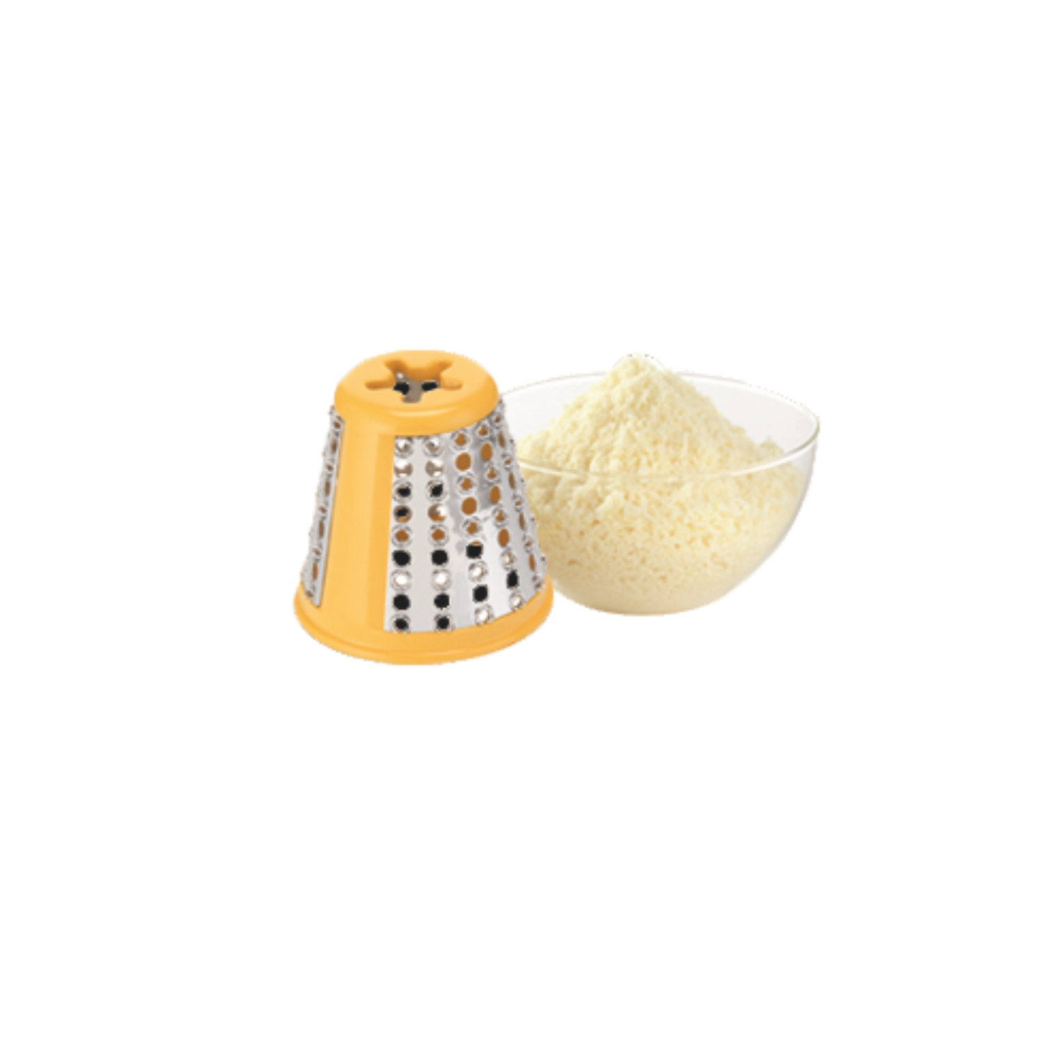 Een gele kaasrasp en een kom geraspte kaas op zwarte achtergrond.