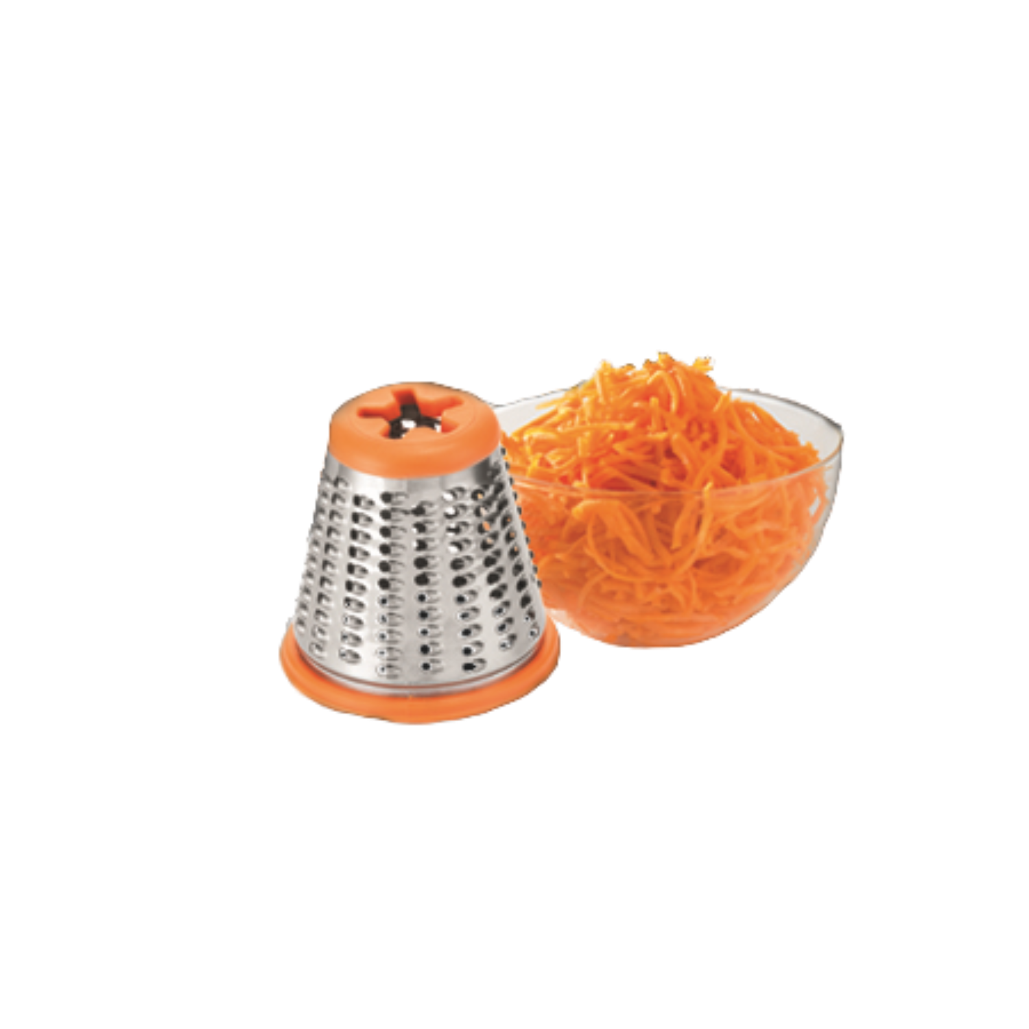Een oranje rasp met geraspte wortels in een glazen kom.