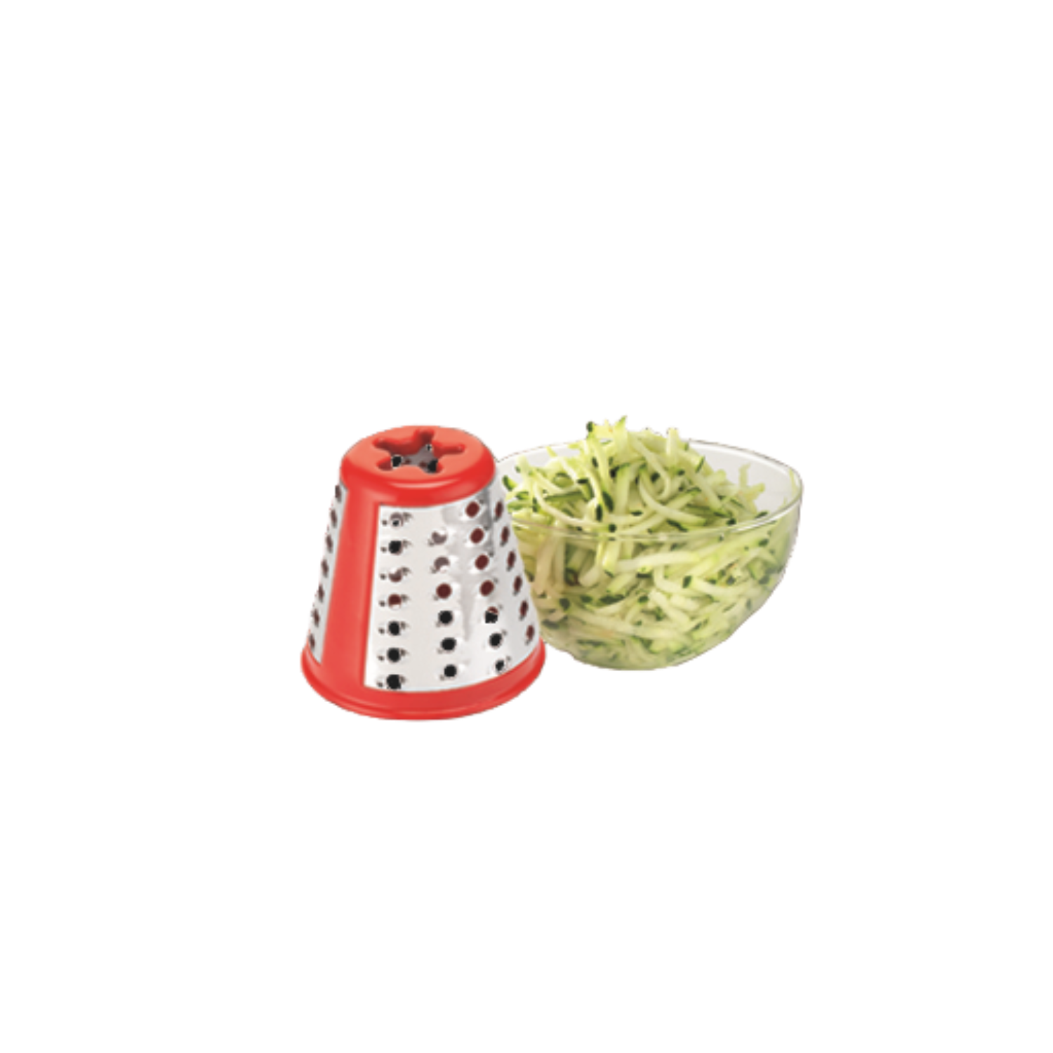 Rode rasp met een kom geraspte courgette, op een zwarte achtergrond.