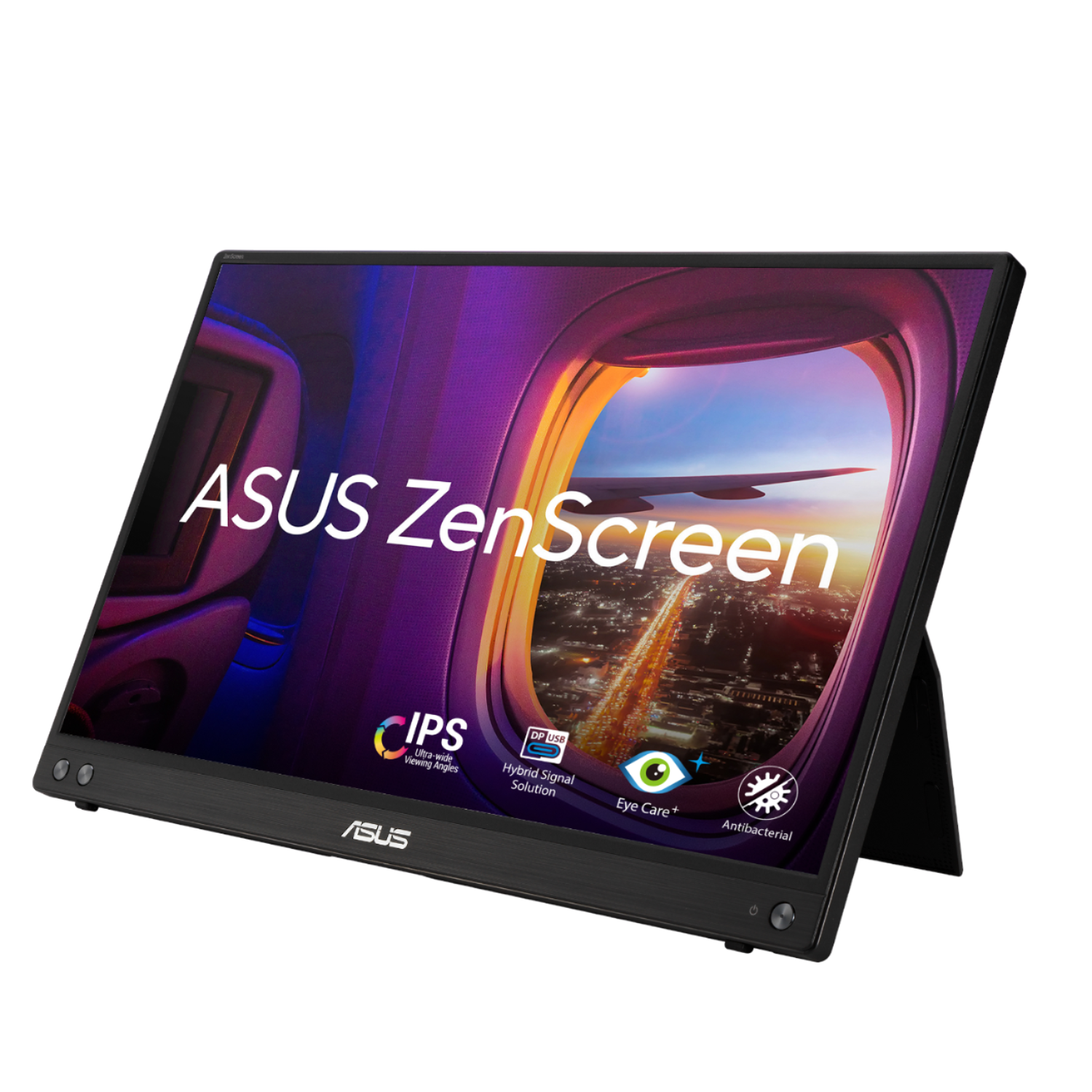 Laptopscherm met uitzicht op een vliegtuigraam, met ASUS ZenScreen-branding.