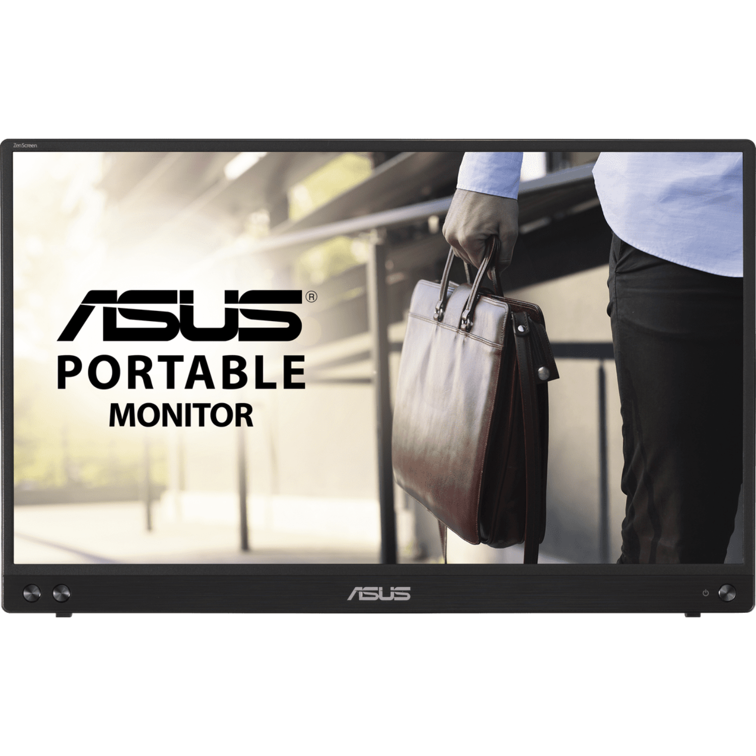 ASUS draagbare monitor met een persoon die een aktetas vasthoudt op de achtergrond. Zwarte rand.