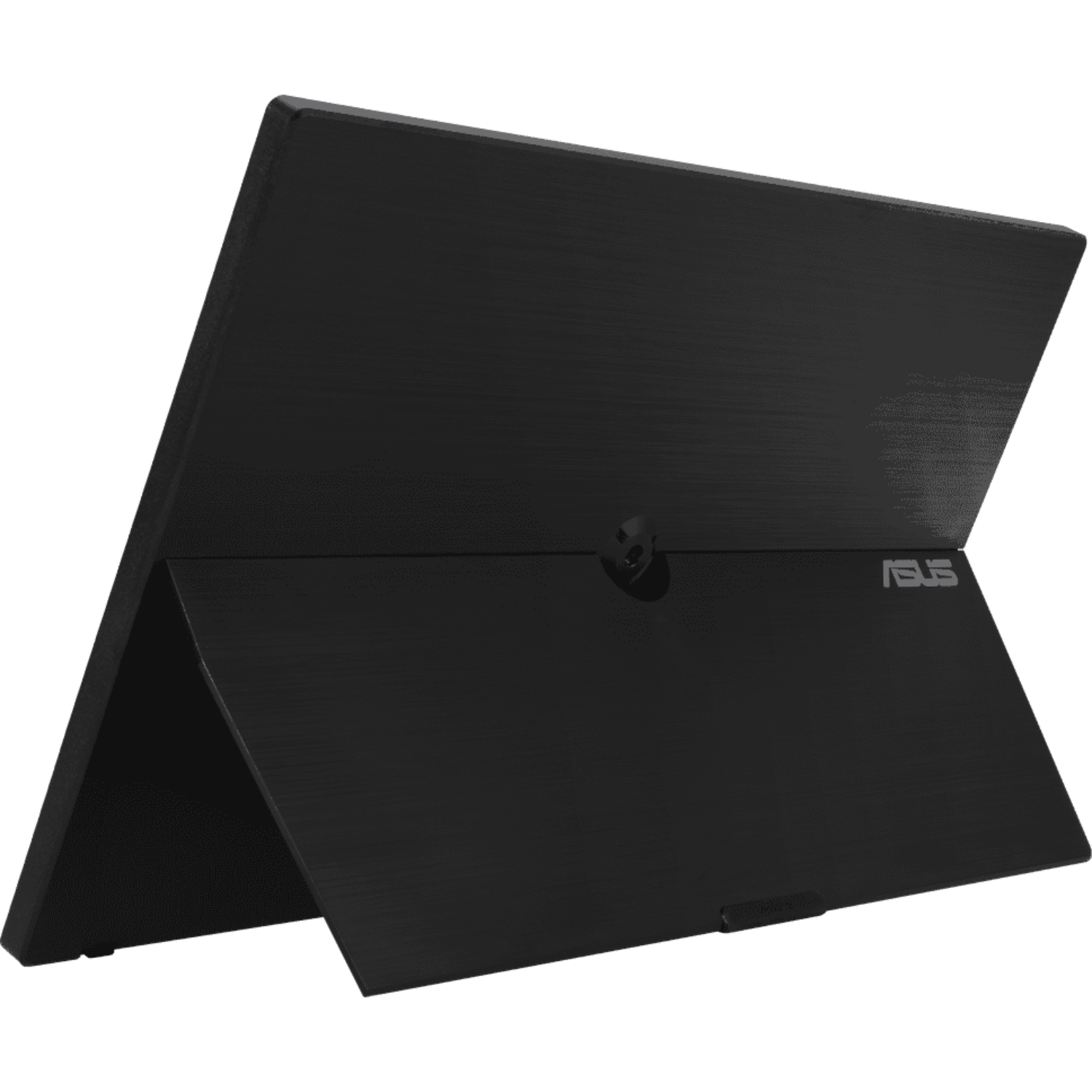 Zwarte laptop met ASUS-logo op een standaard. Het is schuin, met de achterkant zichtbaar.