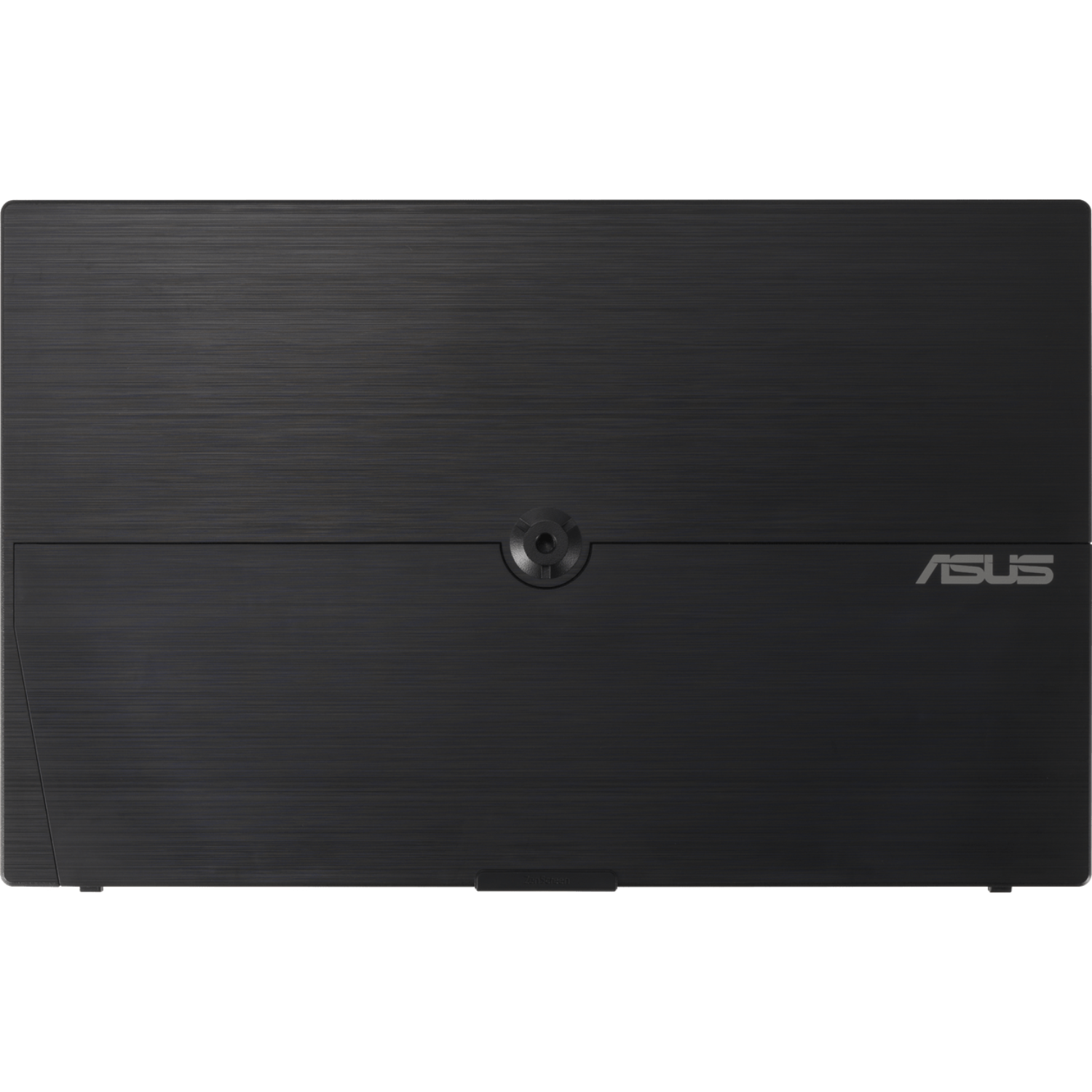 Zwarte ASUS laptop, gesloten, met een ronde aan/uit-knop.