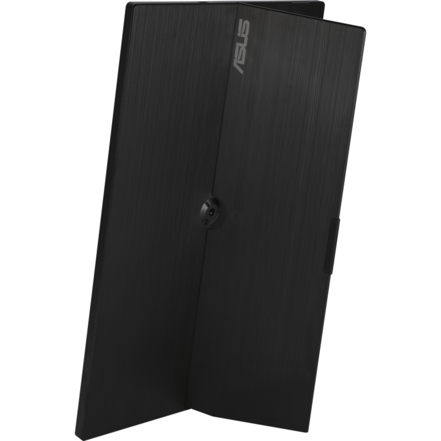 Zwarte ASUS-monitor, gedeeltelijk opgevouwen, met het ASUS-logo zichtbaar.