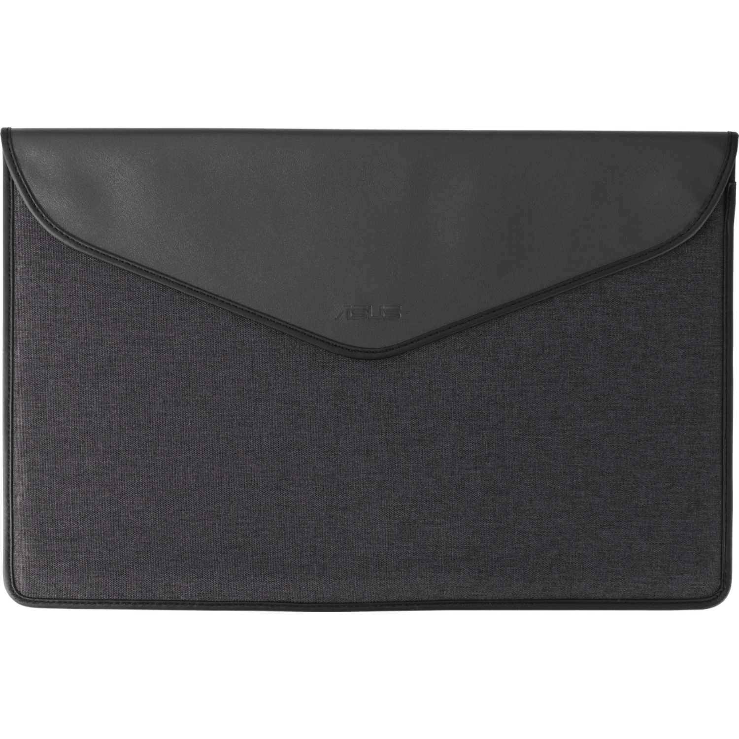 Donkergrijze laptoptas. Het heeft een klepsluiting en een stofachtige textuur aan de voorkant.