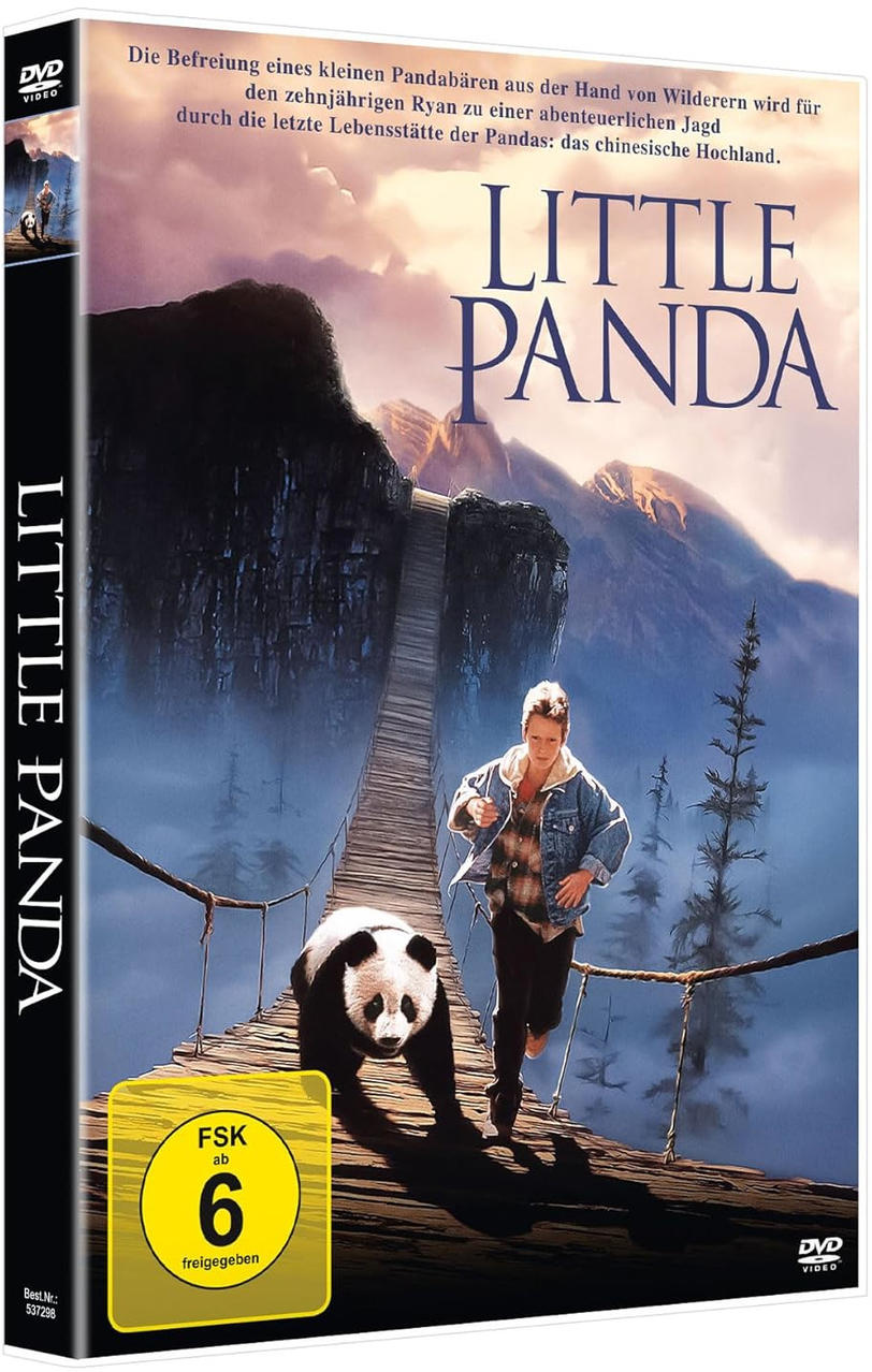 Film-DVD-Cover zeigt einen Jungen und Panda, die auf einer Brücke laufen, Berge im Hintergrund. Titel: Little Panda.