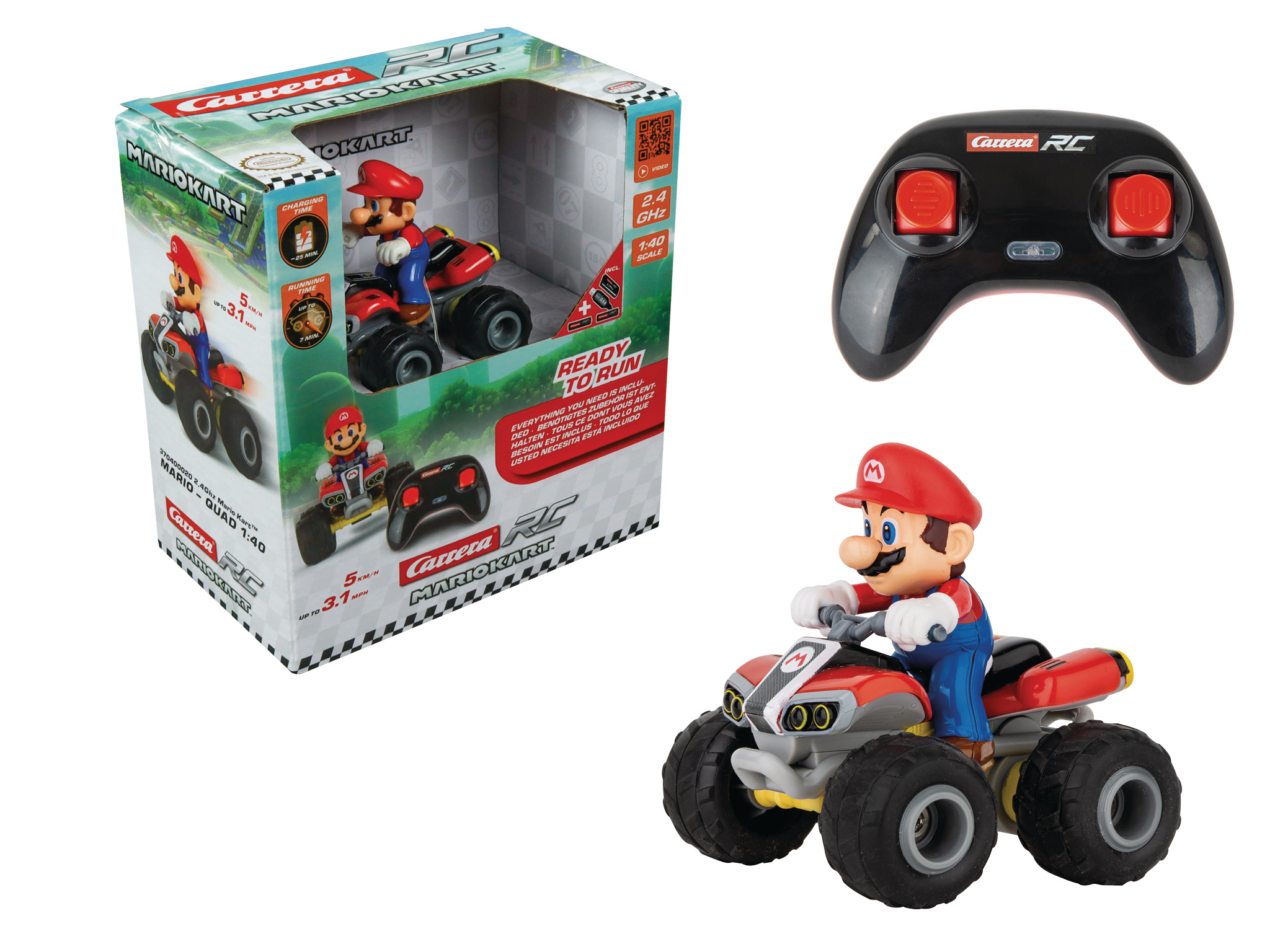 Mario Kart Spielzeugset mit Mario Figur auf einem Quad und einer Fernbedienung. Weißer Hintergrund.