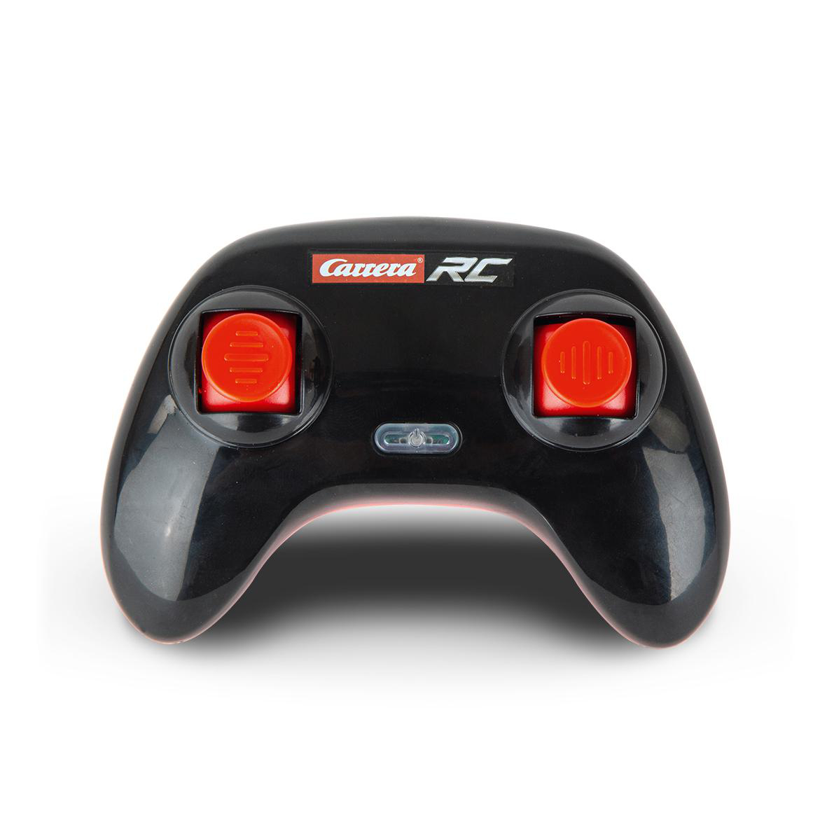 Eine schwarze Fernbedienung mit roten Knöpfen für ein Spielzeugauto.