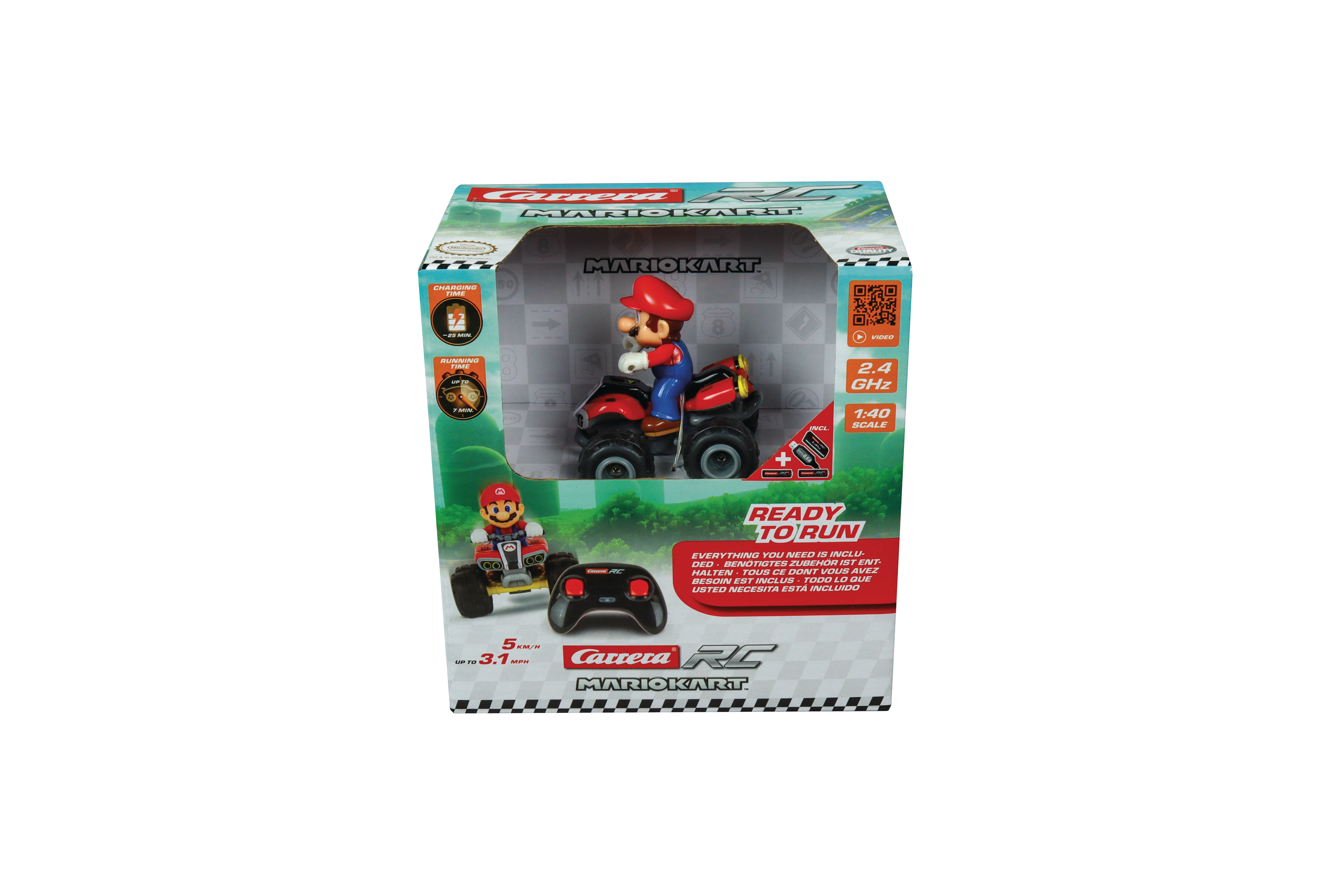 Ein Mario Kart Spielzeugset in seinem Karton, mit einem Spielzeugauto und Fernbedienung.