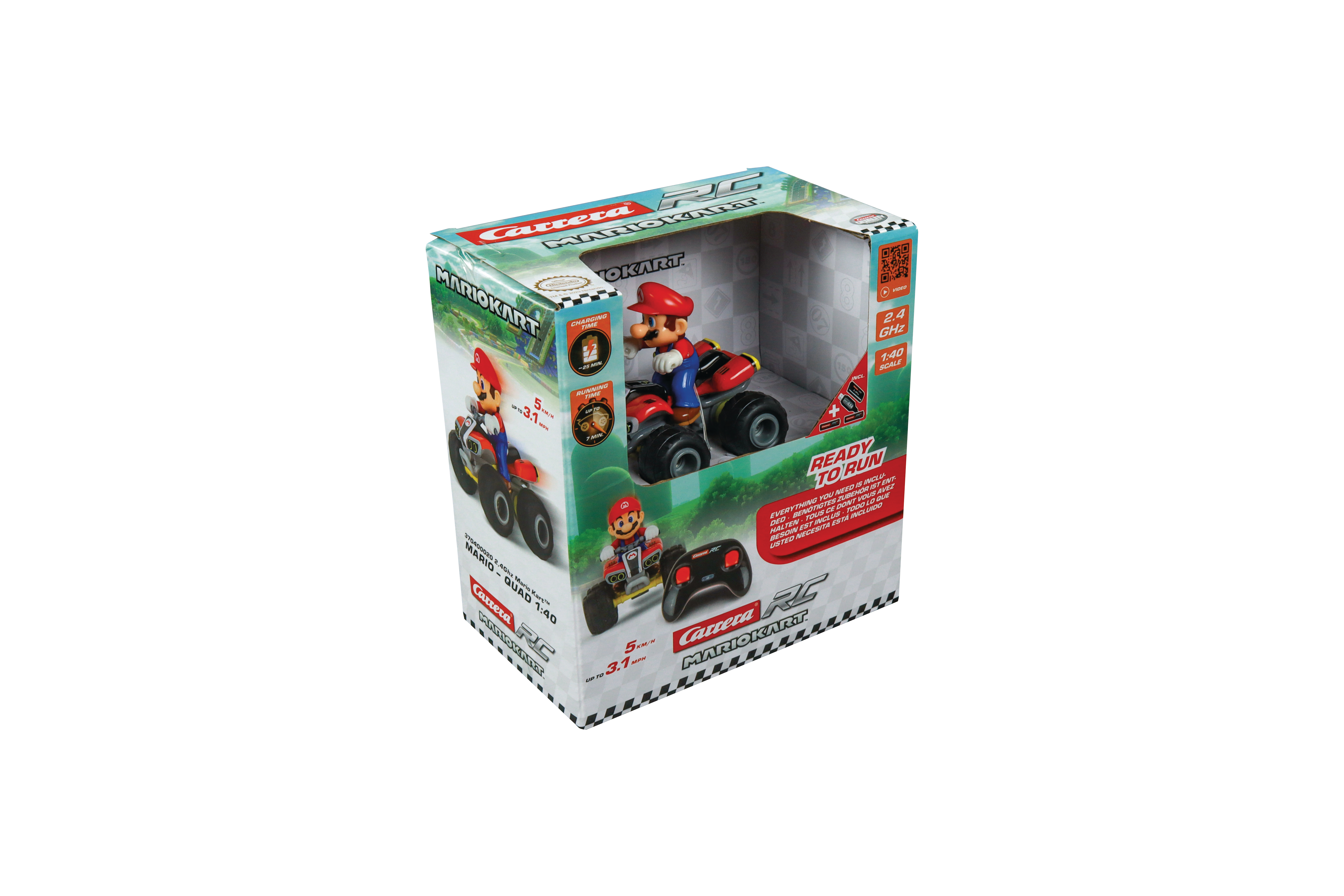 Ein Spielzeugauto von Mario Kart mit Mario, in einer Box. Die Box zeigt das Auto und den Controller.