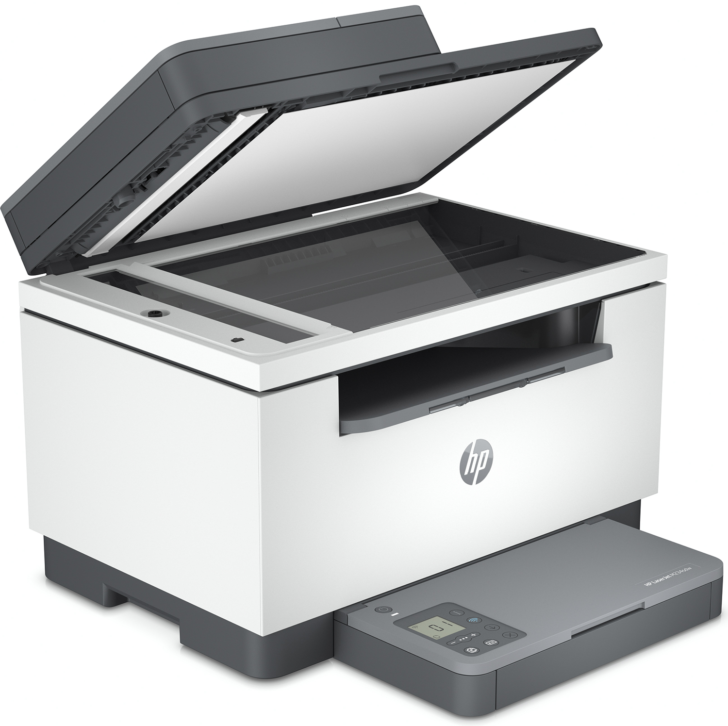 Une imprimante HP LaserJet ouverte. Elle est blanche et grise, avec le couvercle du scanner relevé. Le panneau de commande est sur le bac.