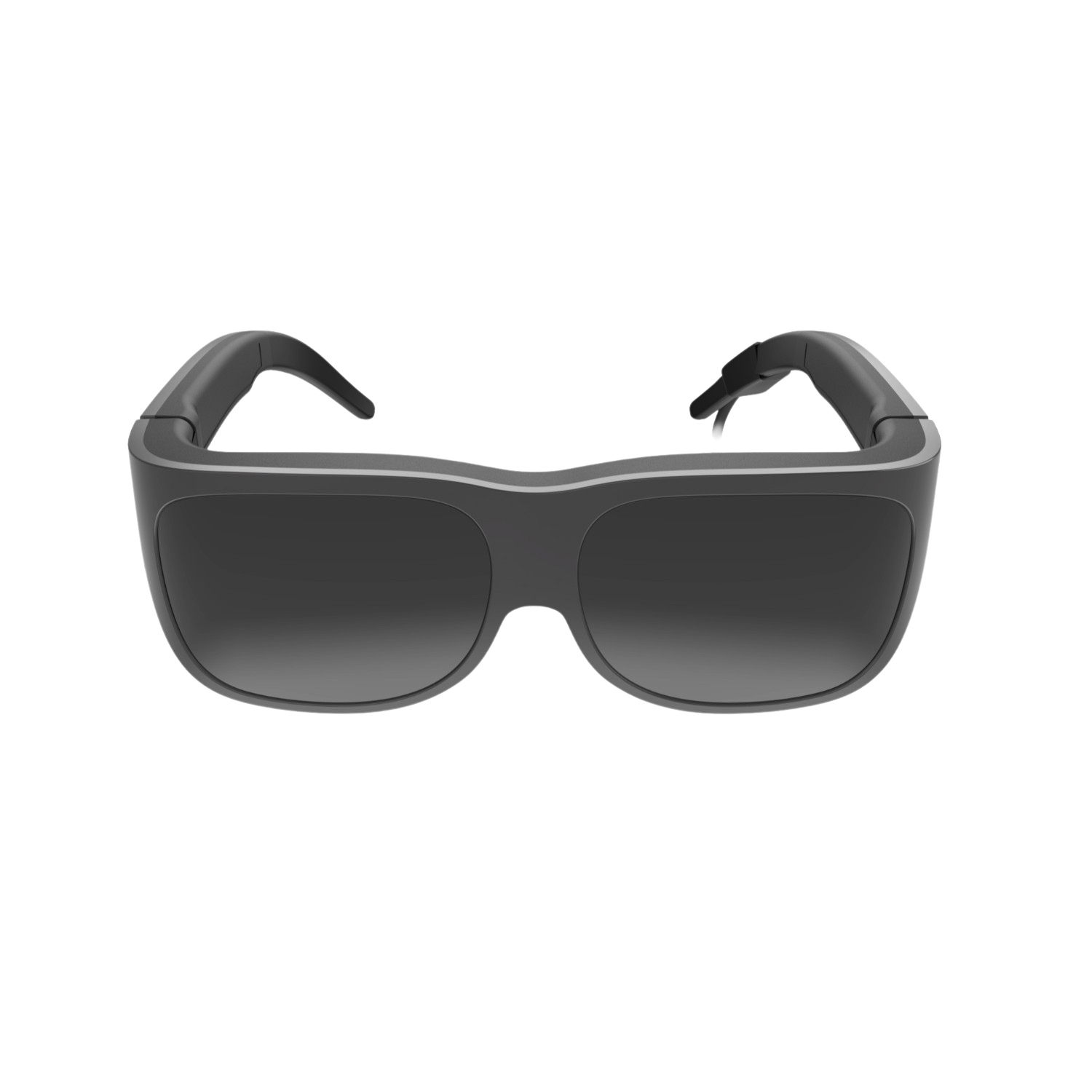 Lunettes intelligentes noires avec un design incurvé et une lentille sombre. Elles sont sur fond noir.