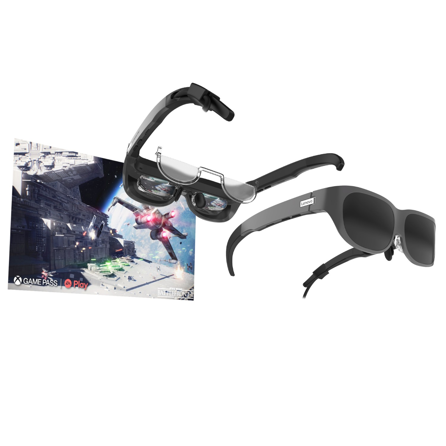 Deux lunettes VR et une scène de jeu vidéo, représentant une bataille spatiale.