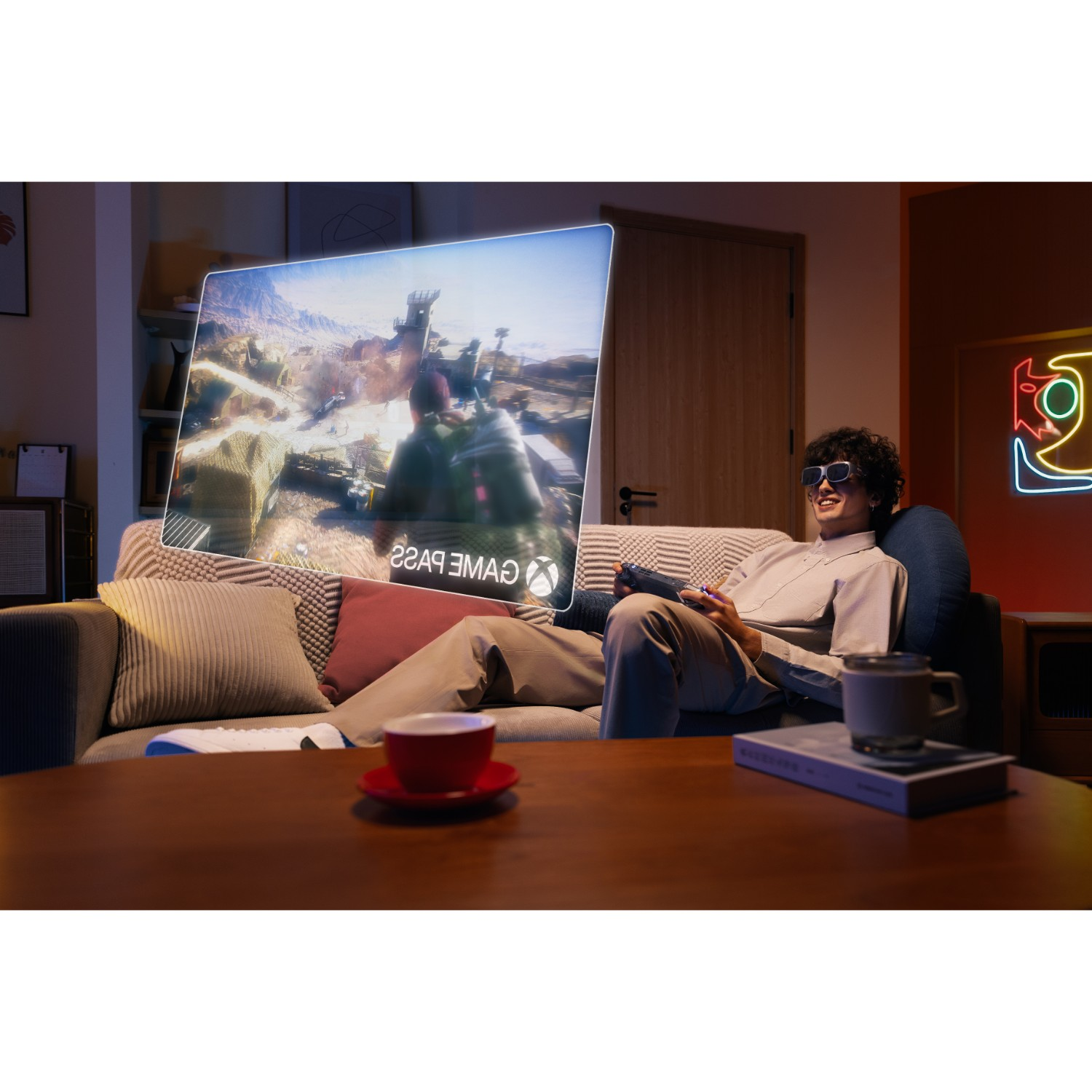 Homme jouant à un jeu vidéo avec un écran reflétant le jeu.
