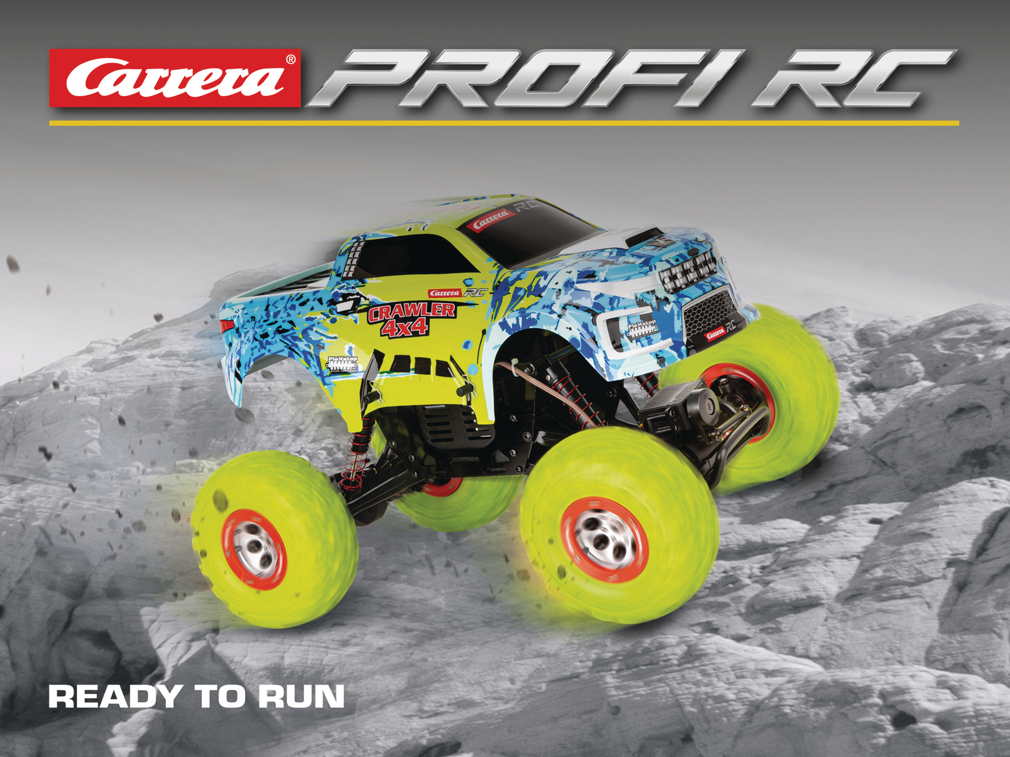 Ein ferngesteuertes Spielzeugauto, blau und grün, auf einer felsigen Oberfläche mit einem 'PROFI RC'-Banner.