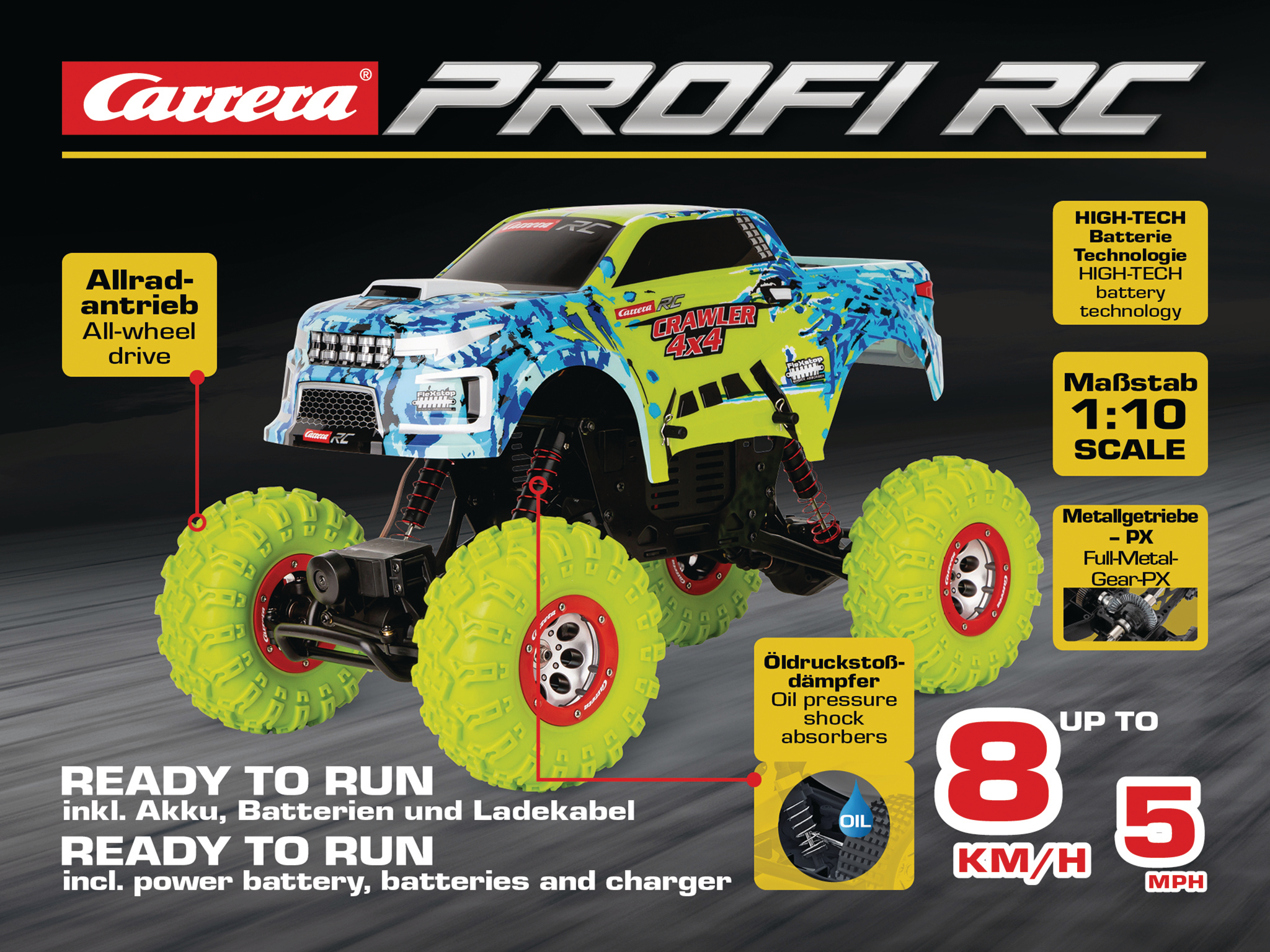 Ein Carrera Profi RC-Auto-Spielzeug. Ein grüner und blauer Monstertruck mit großen gelben Reifen.