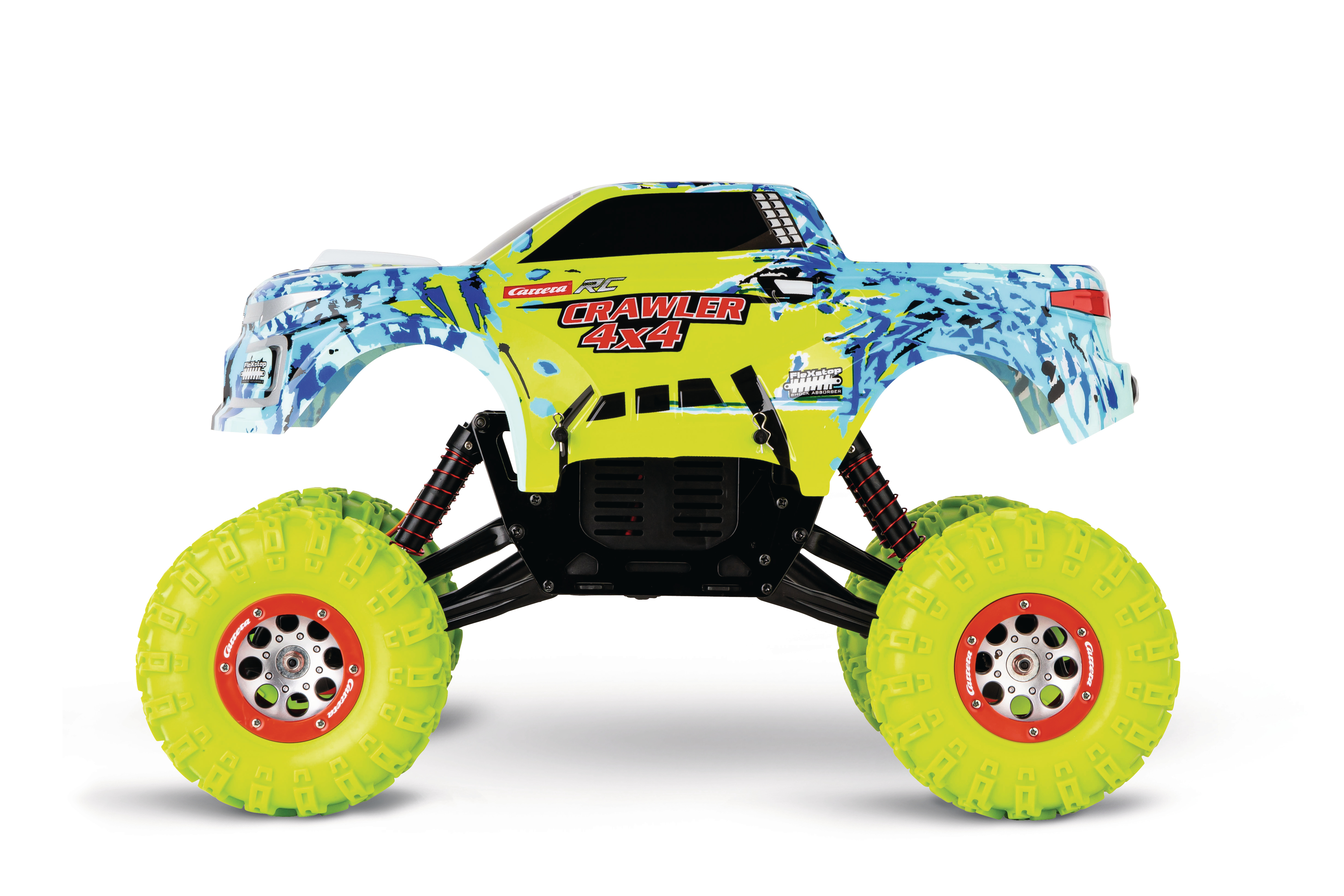 Blau-gelbes Spielzeugauto: ein Carrera RC Crawler 4x4 mit großen grünen Reifen.