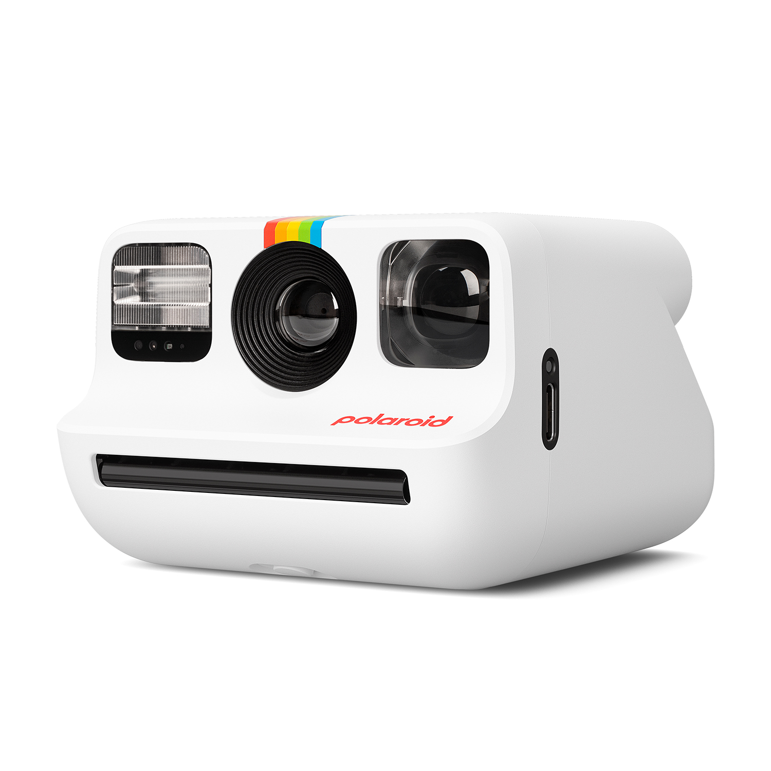 Fotocamera istantanea Polaroid bianca con una striscia arcobaleno.