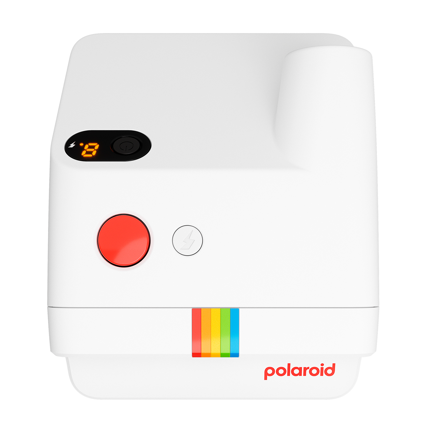 Una fotocamera Polaroid bianca con un pulsante rosso e una striscia arcobaleno in basso.