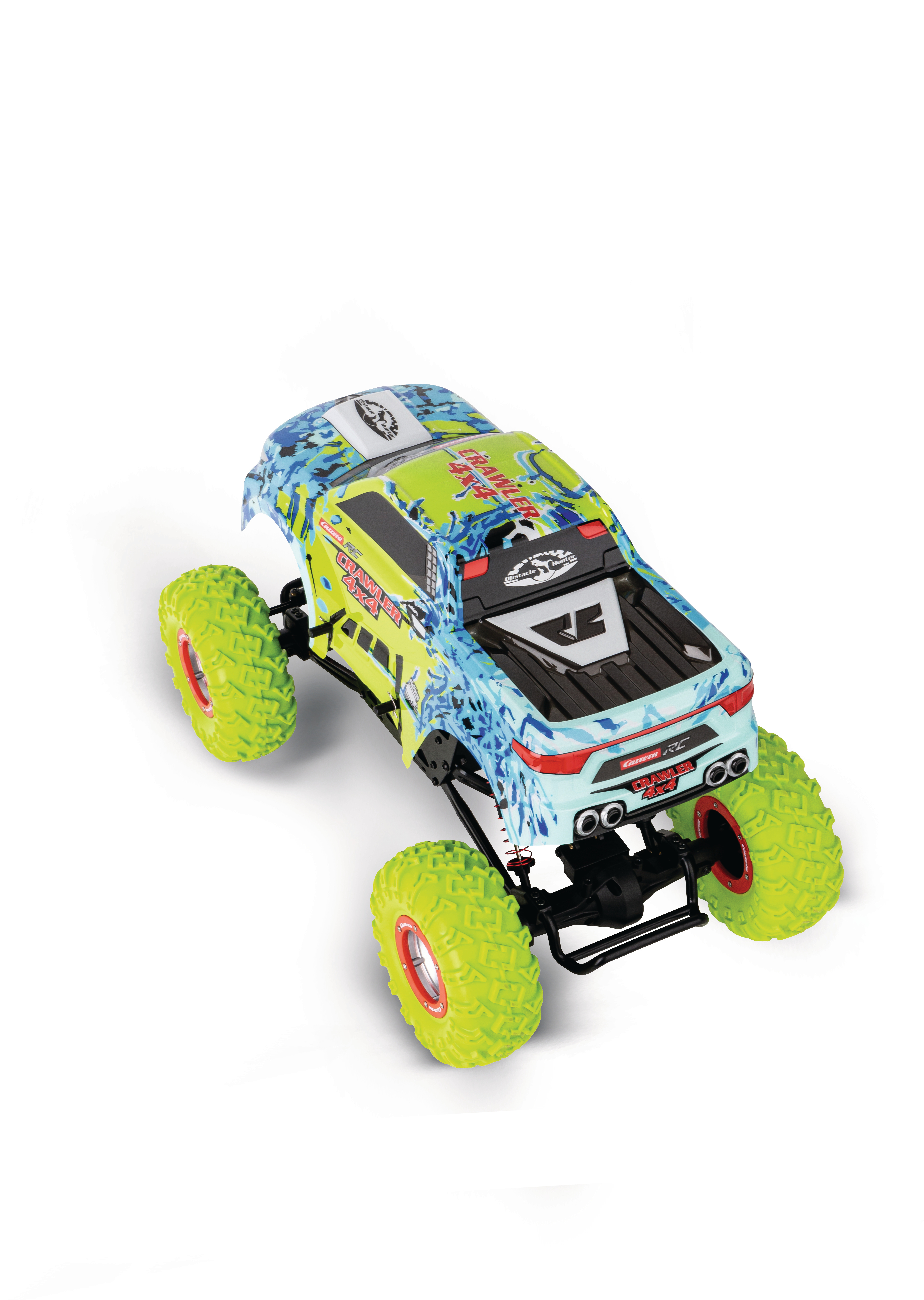 Grünes und blaues ferngesteuertes Auto mit großen grünen Reifen auf weißem Hintergrund.