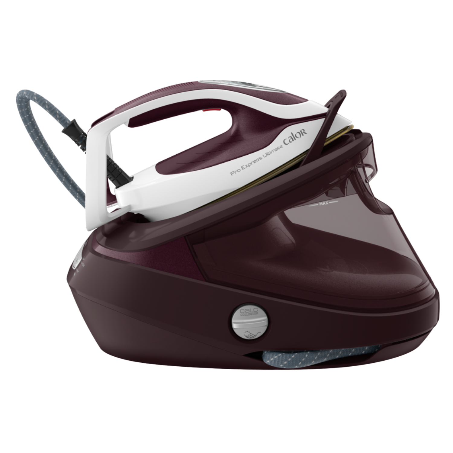 Steam iron, dark burgundy and white, with a water tank and controls.