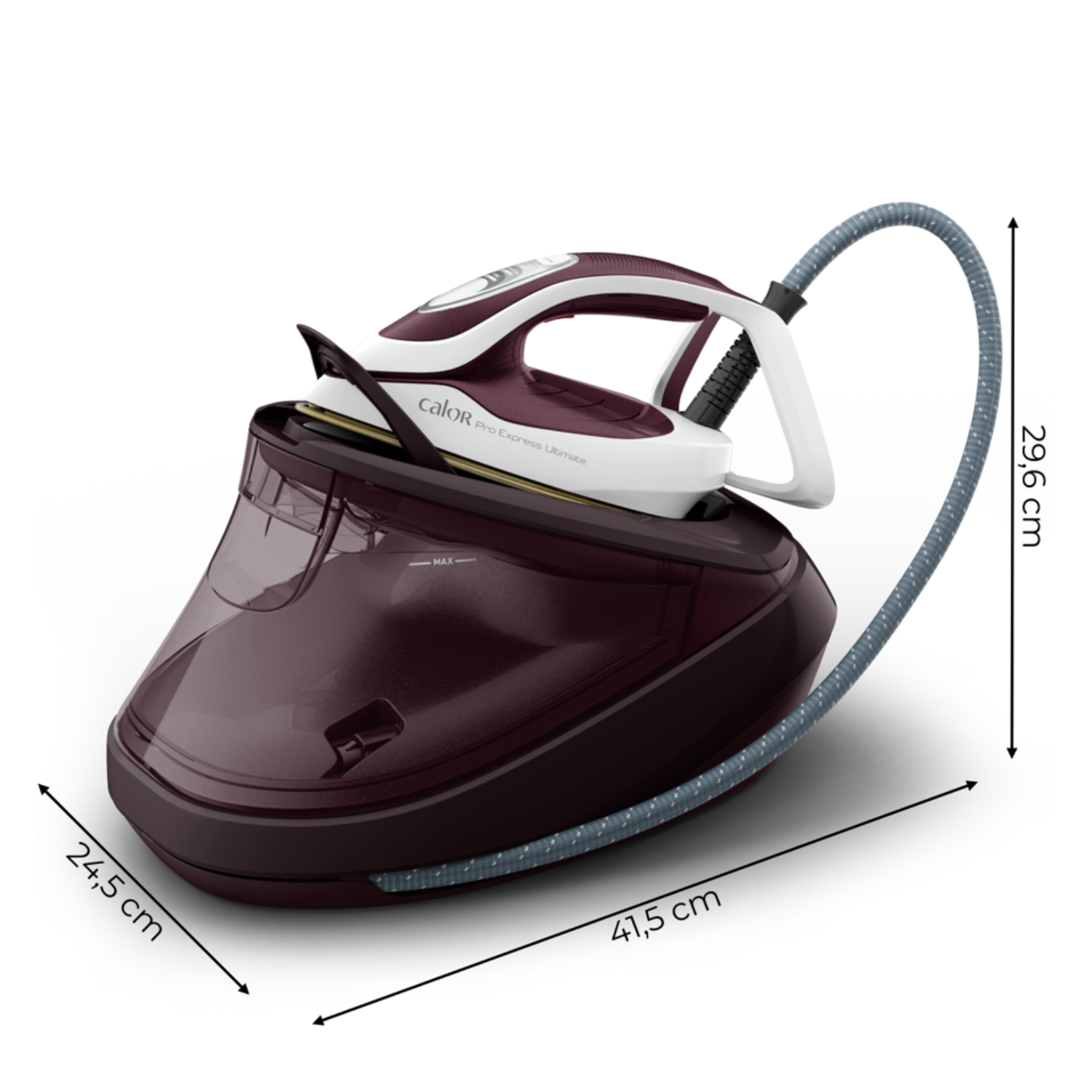 Ironing station with a white and purple iron, dimensions are displayed around.
