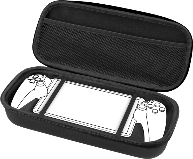 Schwarzes Etui mit weißem Gamepad und Bildschirm im Inneren.