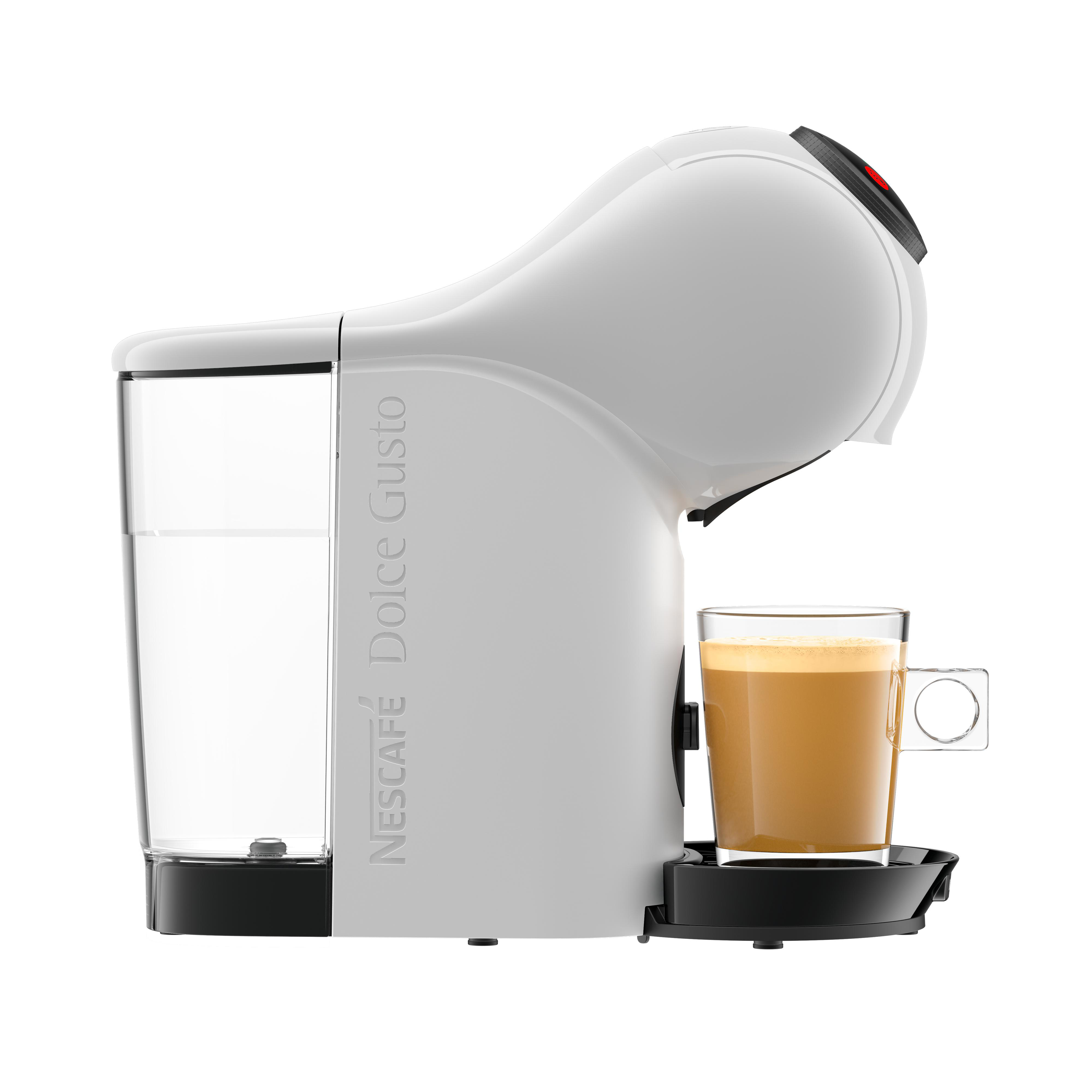 Weiße Nescafé Dolce Gusto Kaffeemaschine mit einem Glas Kaffee rechts.