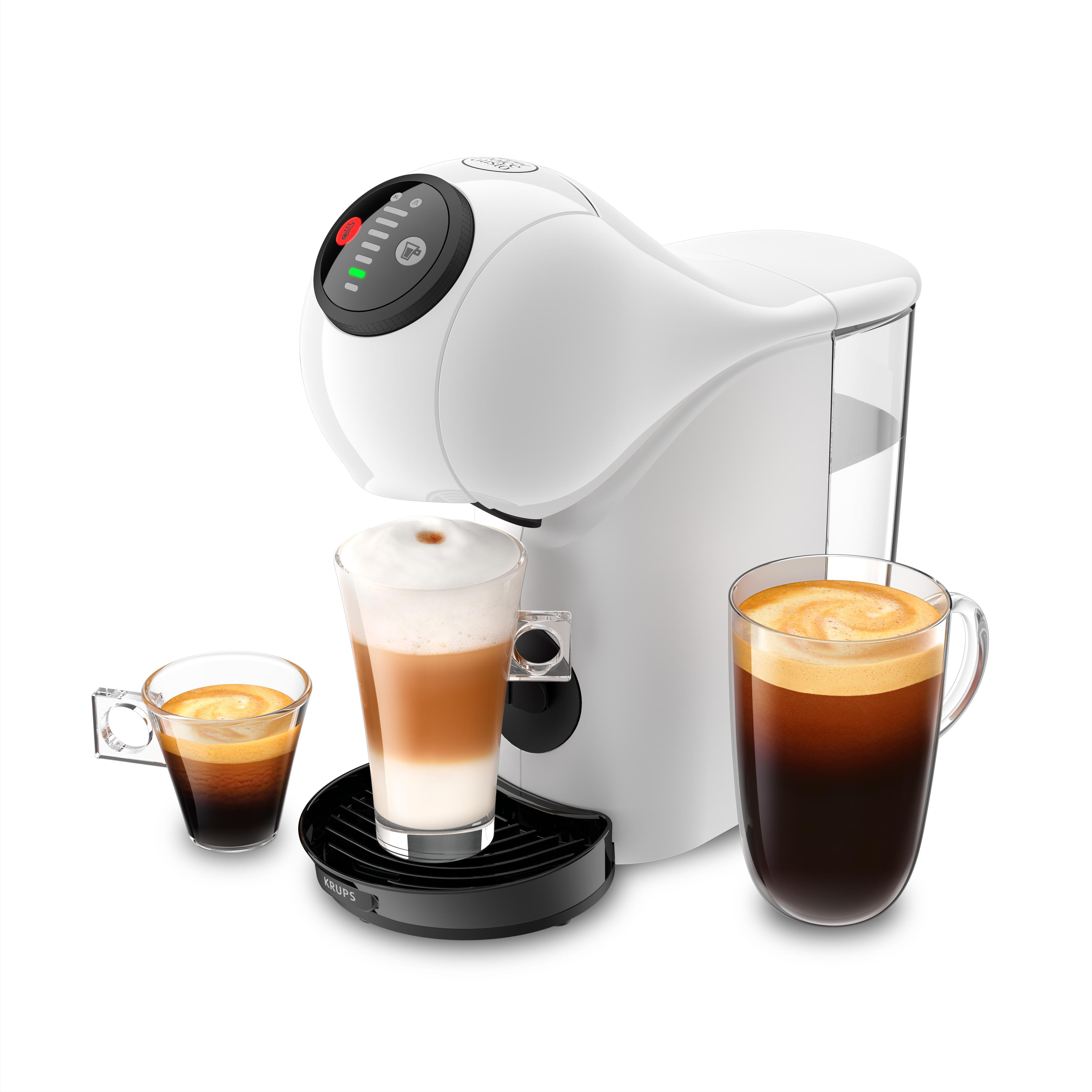 Weiße Krups Kaffeemaschine mit drei Kaffeegläsern.