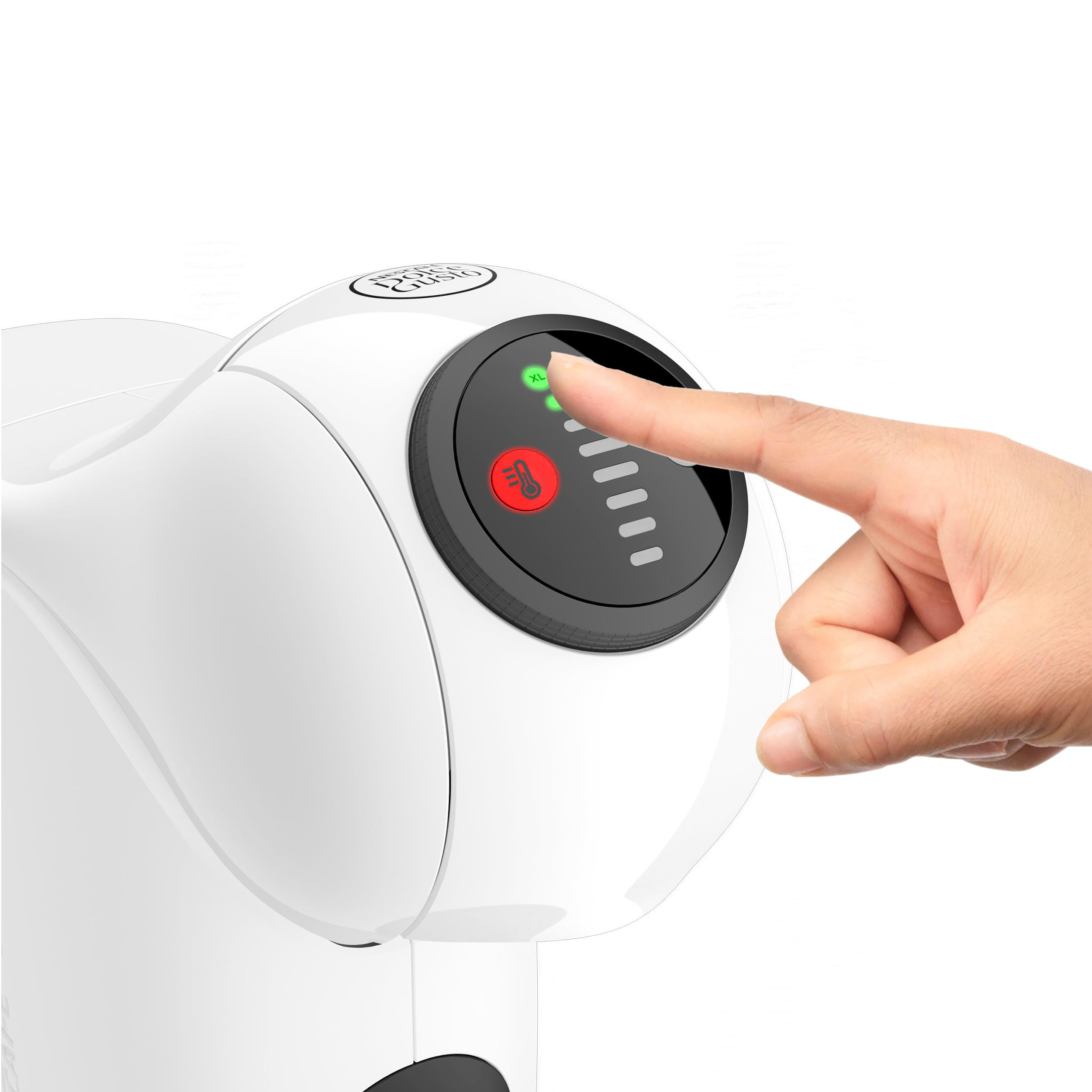 Weiße Kaffeemaschine, ein Finger berührt das Bedienfeld.