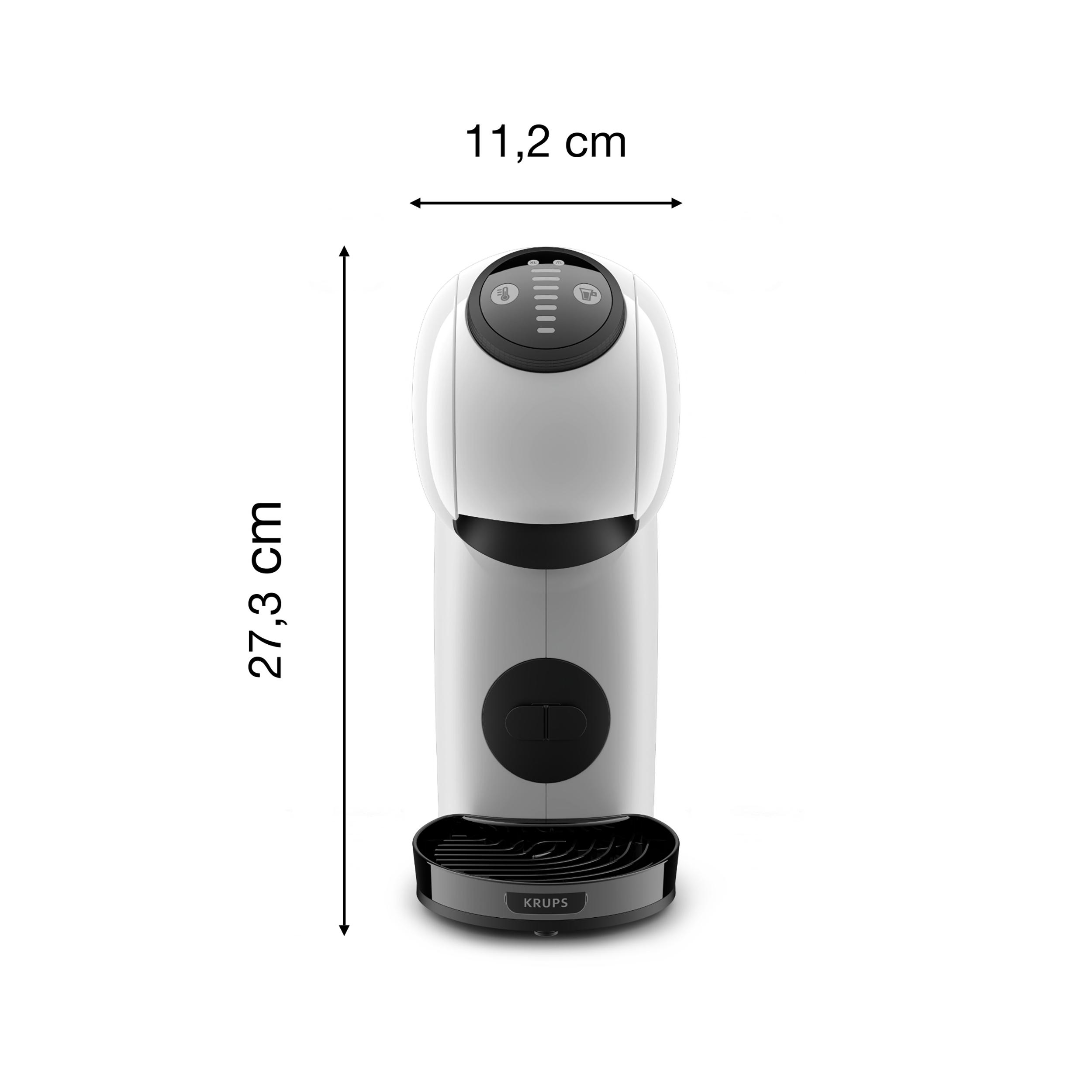Weiße und graue Krups Kaffeemaschine. Zeigt Abmessungen: 11,2 cm breit, 27,3 cm hoch.