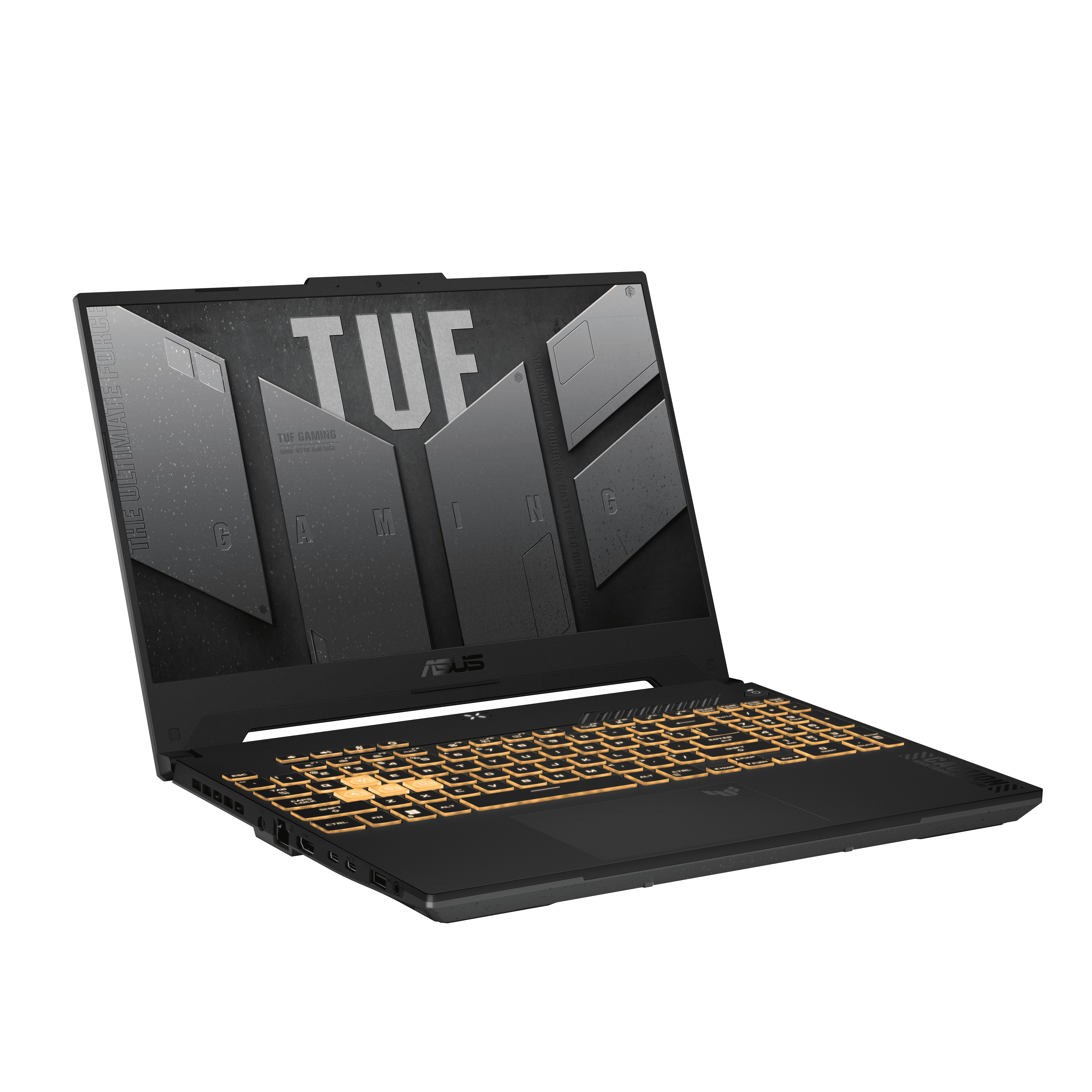 Portátil ASUS TUF gaming negro, vista superior. El teclado se ilumina en naranja.