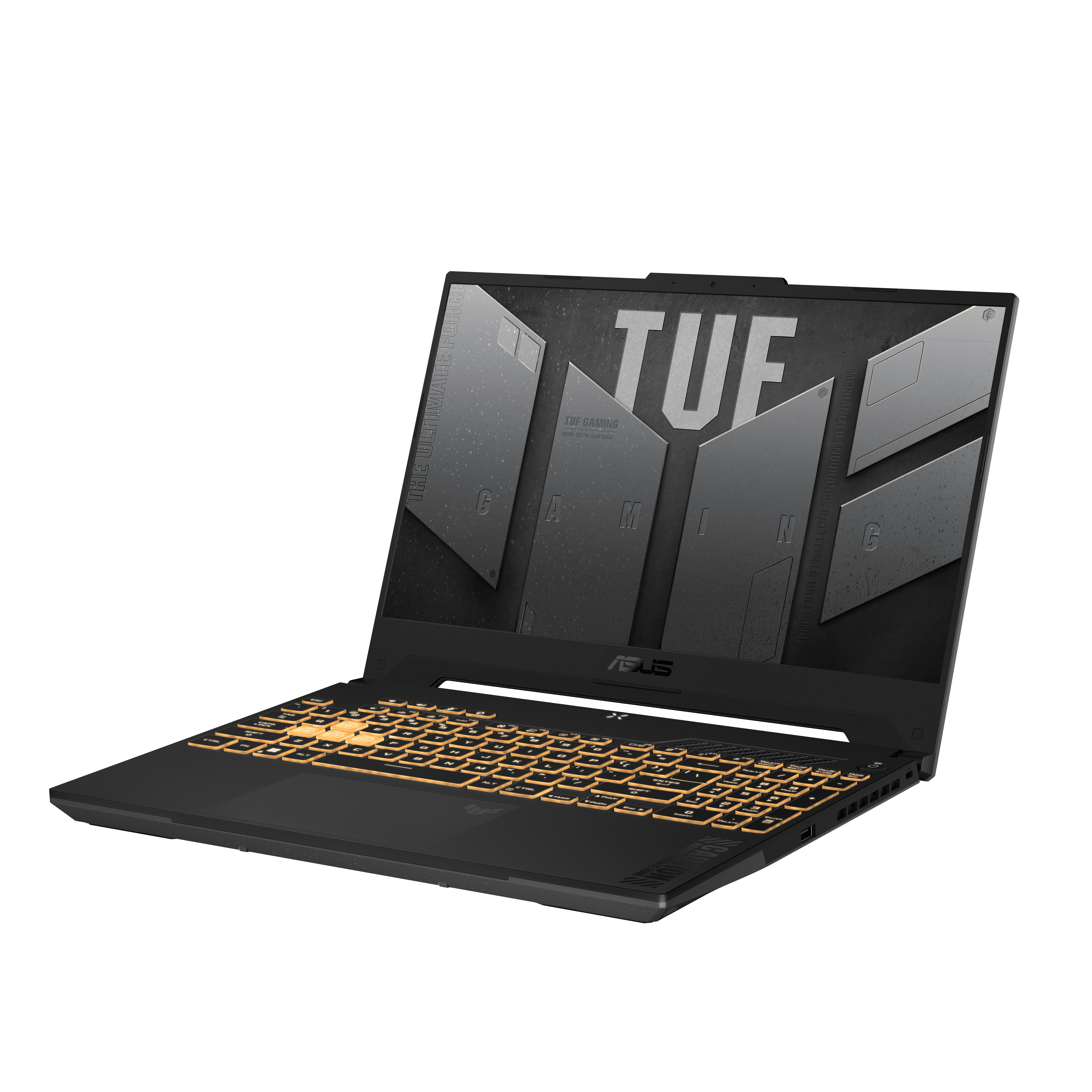Un portátil ASUS TUF para juegos negro y amarillo, abierto sobre una superficie blanca.