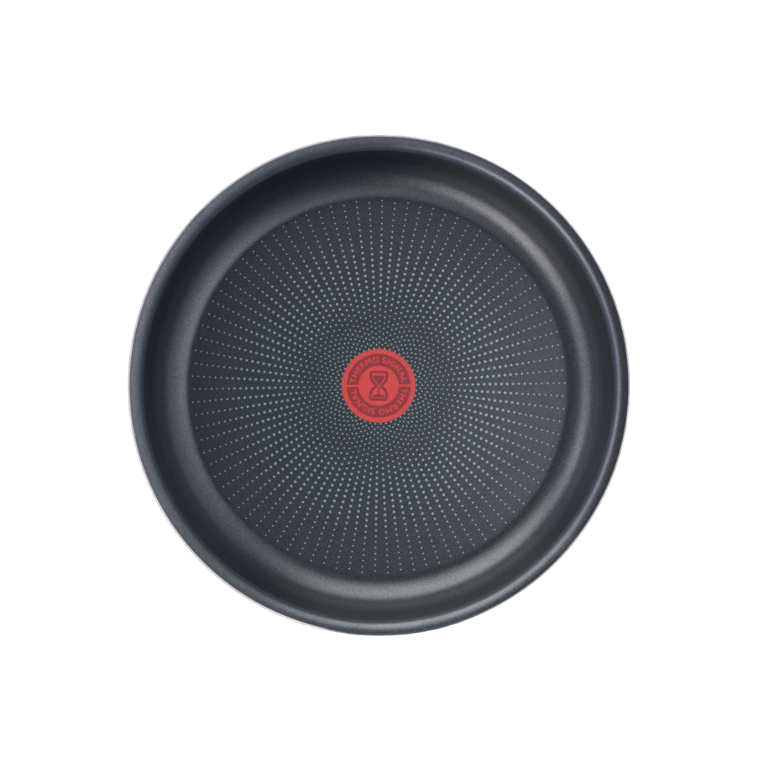 Poêle noire avec un cercle rouge au centre.