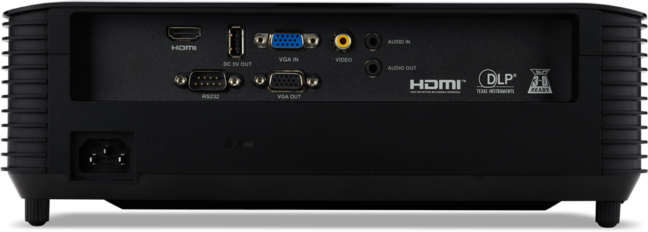 A projektor hátlapja HDMI, USB, VGA és audio portokkal.