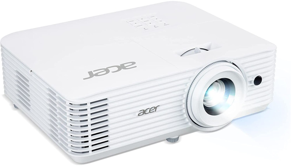 Egy fehér Acer projektor erős fénysugárral.