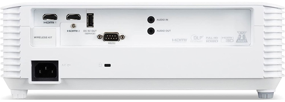 Fehér projektor hátulja HDMI, USB és audio portokkal. Fehér háttér.