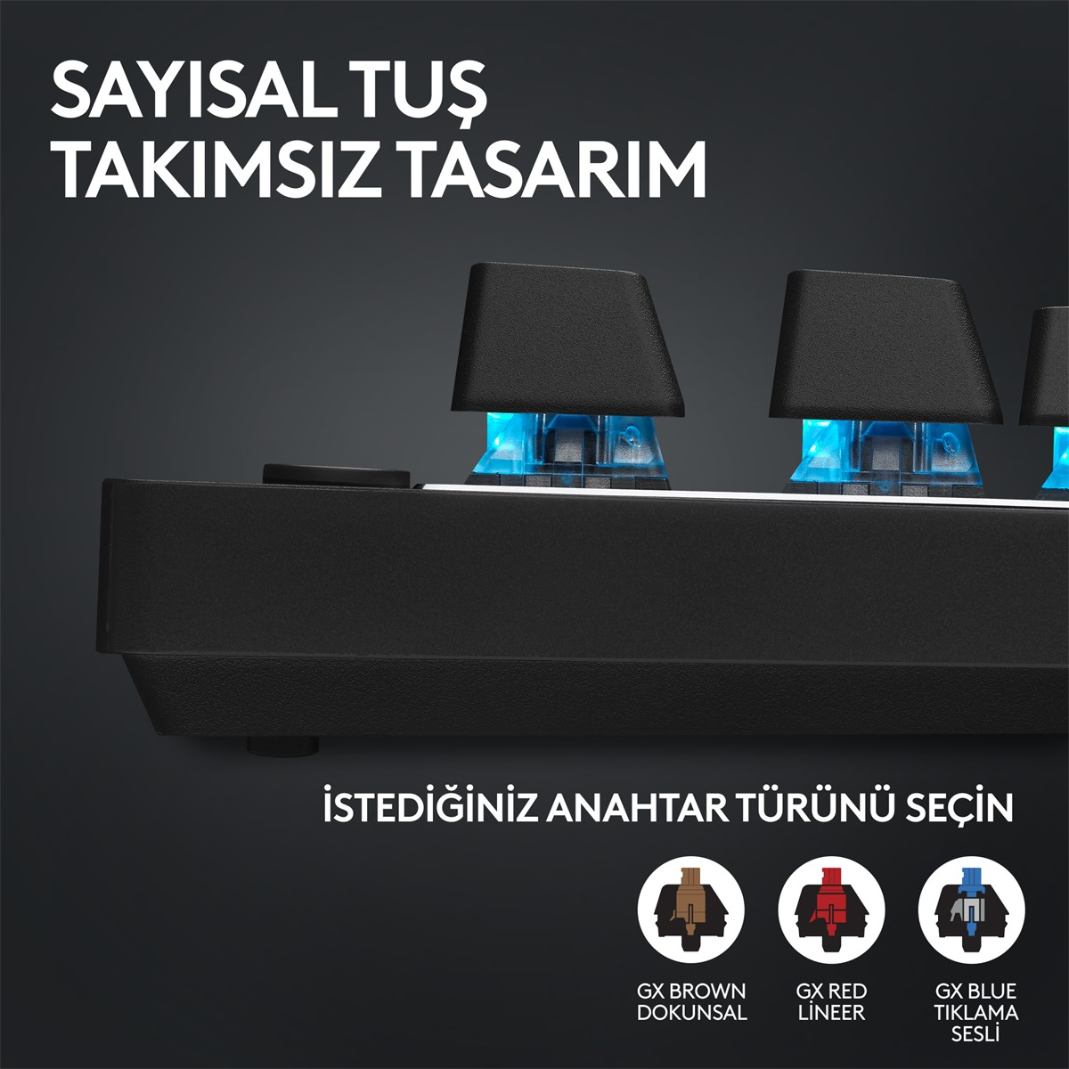 Farklı tuş türleri için seçenekler sunan siyah klavyenin yakın çekimi.