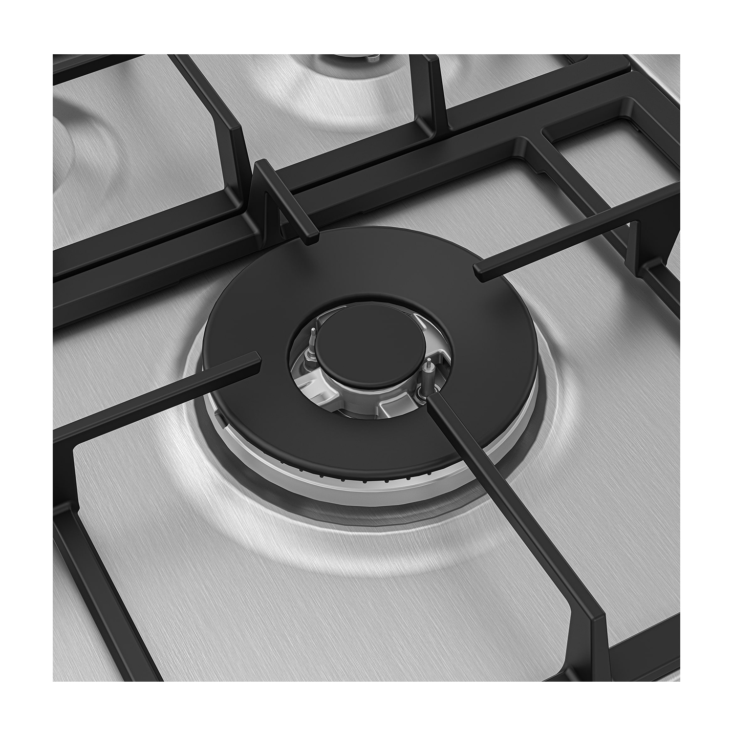 Bruciatore del fornello a gas con griglie nere e cappuccio nero su superficie argentata.