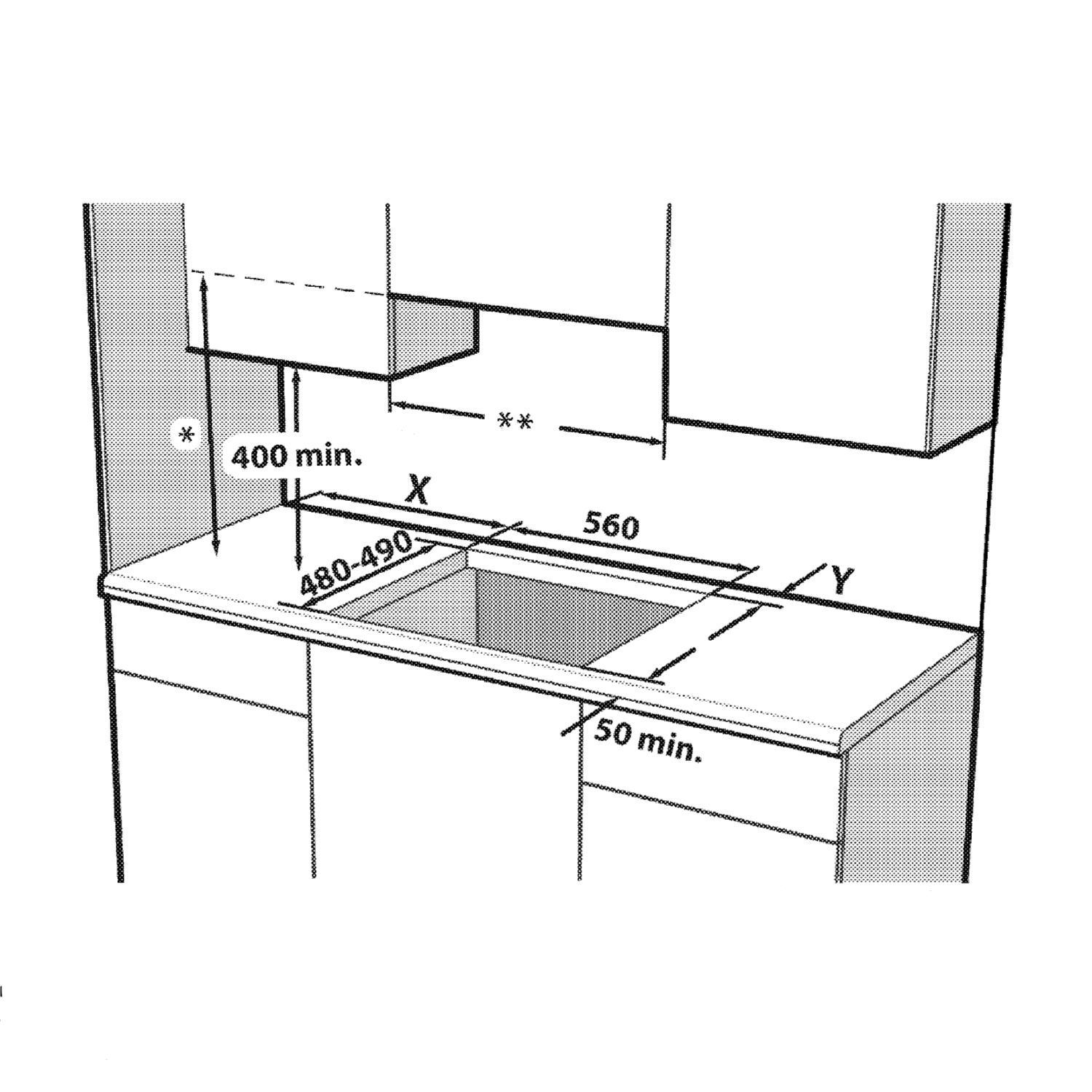 Diagramma di mobili da cucina e piano di lavoro con dimensioni segnate.