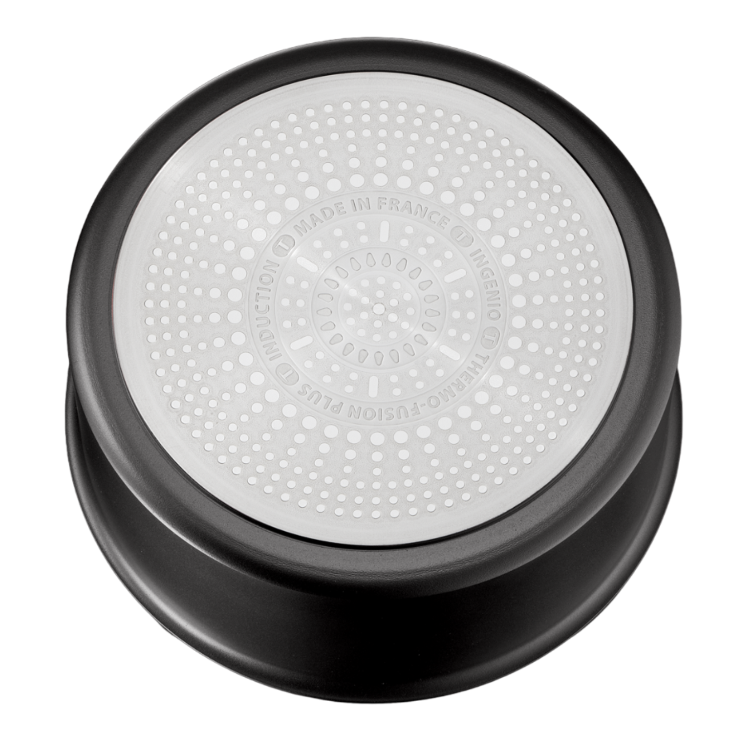 Base de poêle noire, avec intérieur blanc montrant le logo induction plus et les mots 'Made in France'.