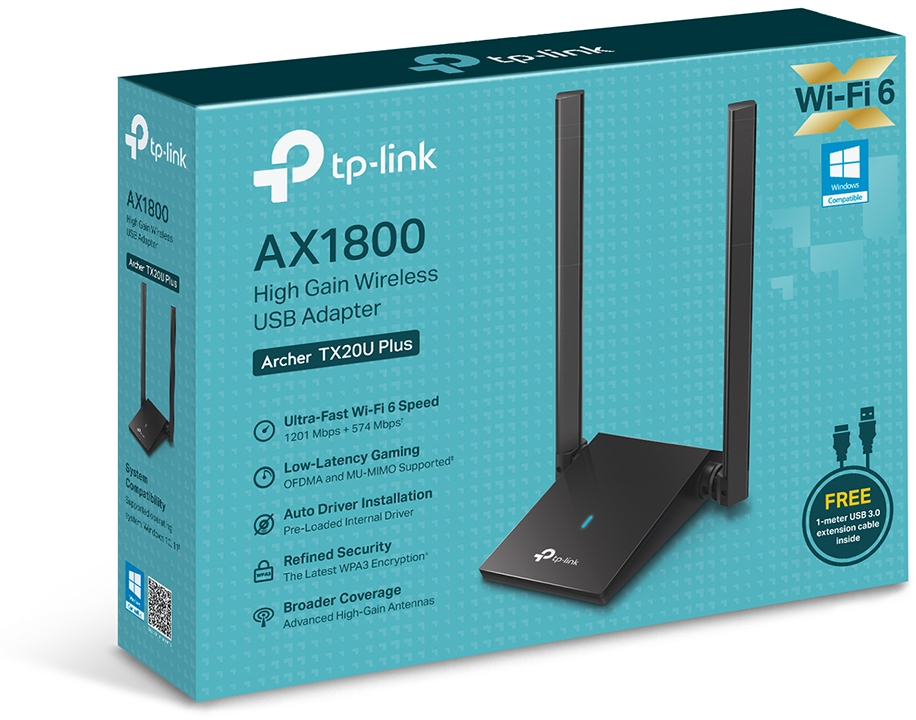 Box mit USB-Adapter. Die Box enthält Informationen zum Produkt und zwei Antennen.