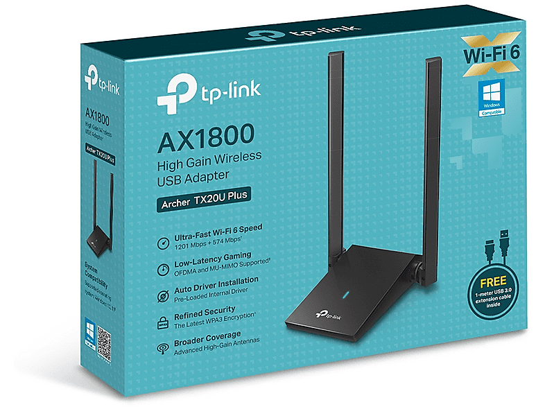 TP-LINK Archer TX20U Plus Drahtloser USB-Adapter (AX1800), 1800 Mbit/s, Wi-Fi 6, OFDMA , USB 3.0, Schwarz; WLAN Antenne — Foto 5 von 5