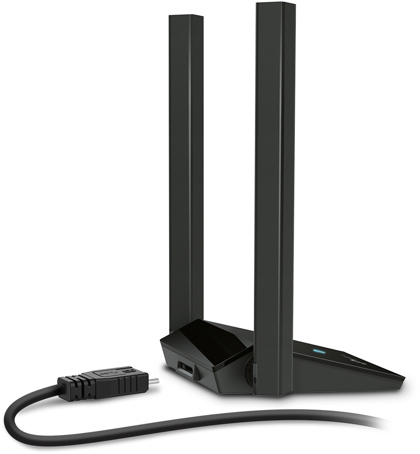 Schwarzer Netzwerkadapter mit zwei Antennen und einem USB-Kabel.