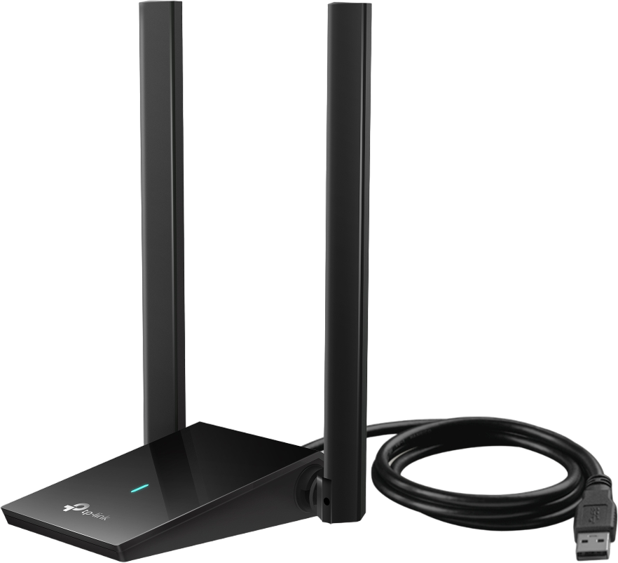 Schwarzer TP-Link Netzwerkadapter mit zwei Antennen und USB-Kabel.