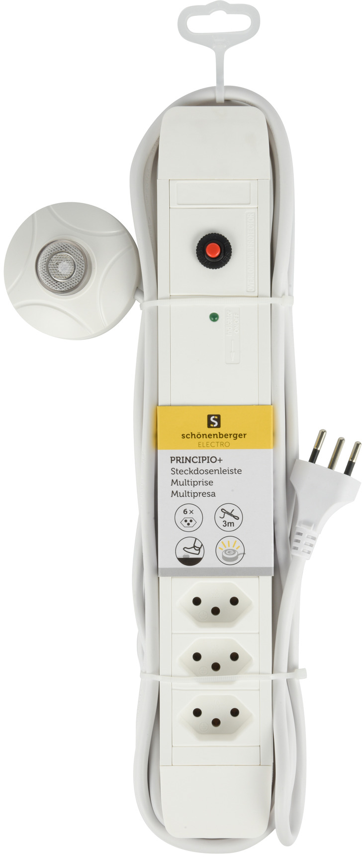 Weiße Steckdosenleiste mit mehreren Steckdosen, Kabel und Fußschalter.